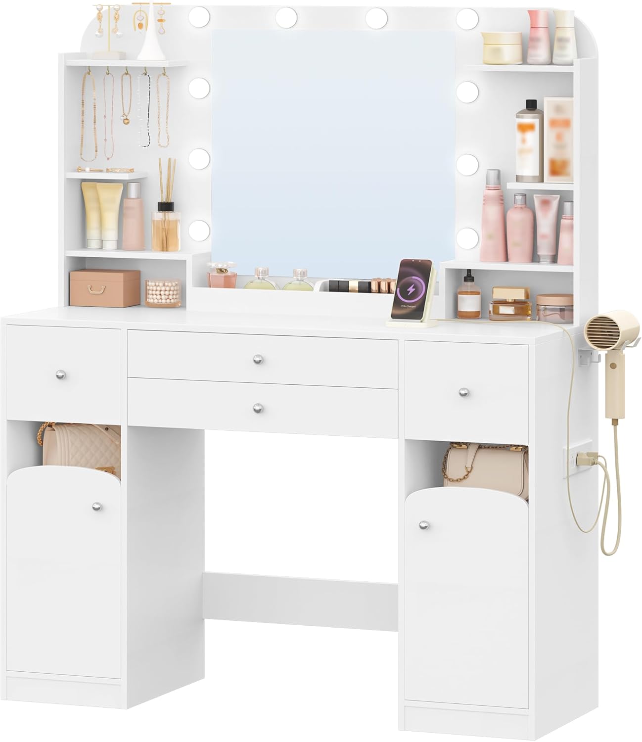 Vanity Desk with Mirror, Makeup Vanity with Led Lights,Dressing Table with Power Strip, 4 Drawers, 42.5'' Large Tabletop, 2 Open Storage Cabinets, with Jewelry Storage, White