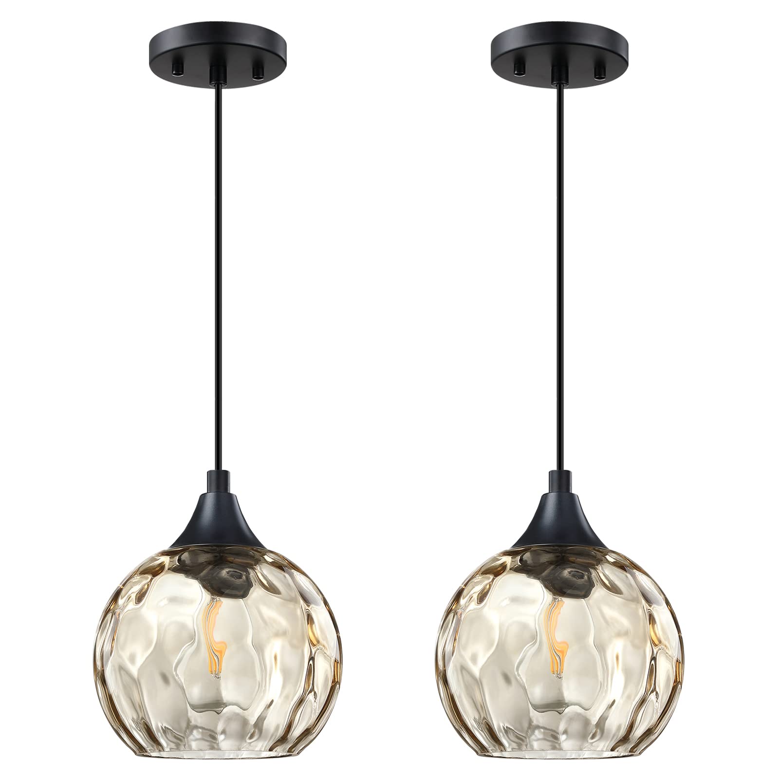 1 Light Hanging Indoor Kitchen Island Pendant Light 6.3" Ancient Amber Hammer Glass Pendant Ceiling Light Fixtures Black Finish Modern Farmhouse Dinning Over Sink