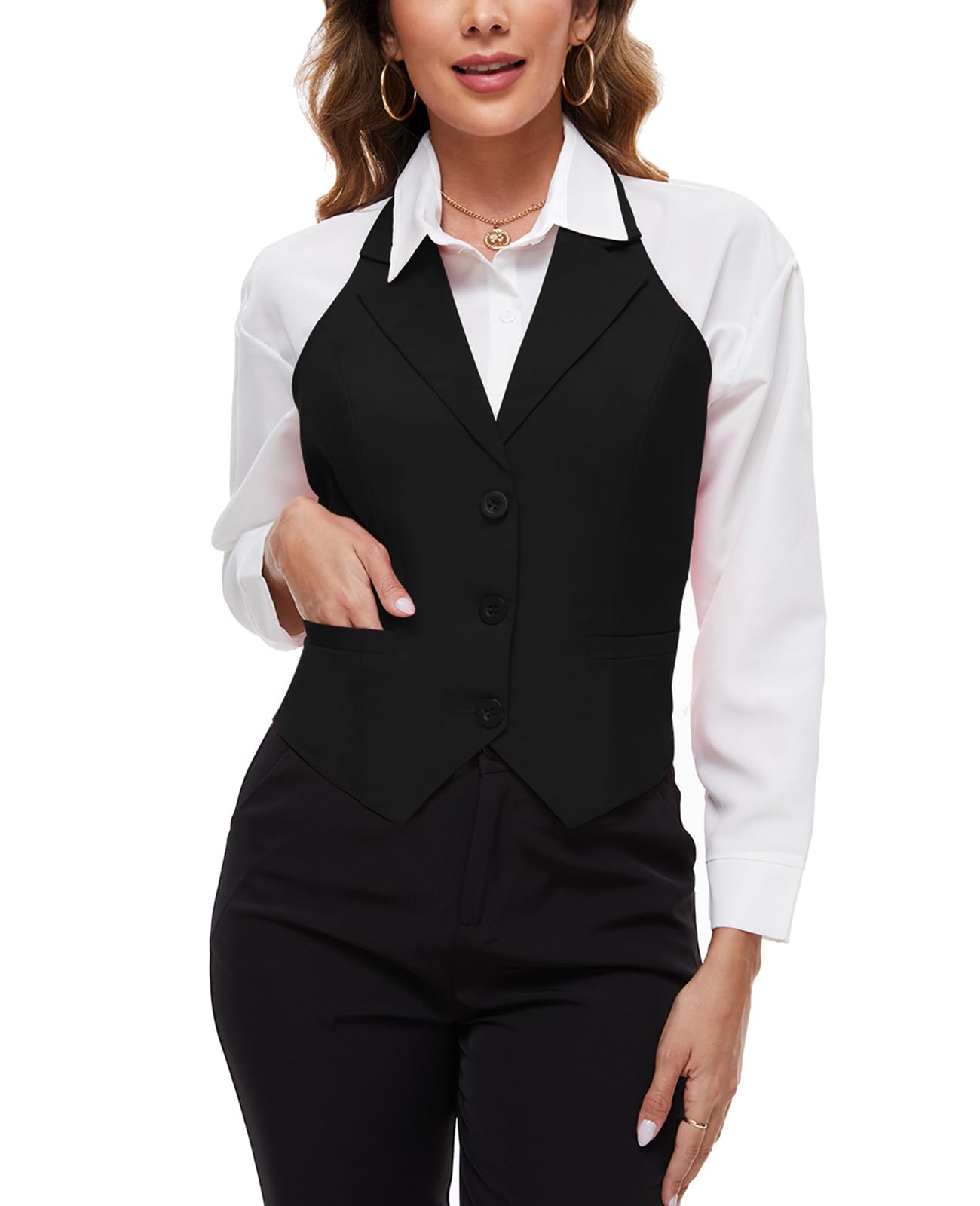 Gilet court à 3 boutons pour femme, dos nu, revers cranté, gilet de costume formel, gilet de costume simple passepoilé, gilet de bureau