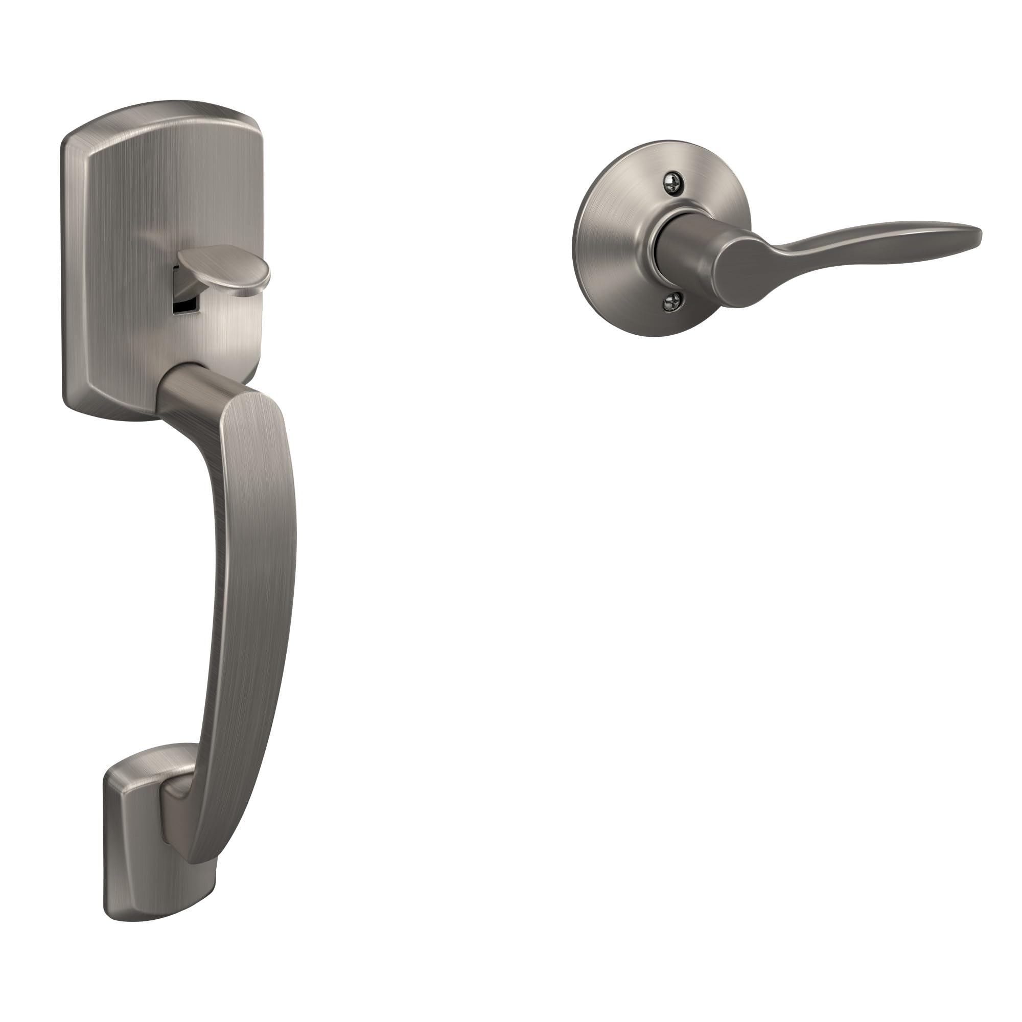 Schlage Greenwich Front Entry Handleset — Satin Nickel, Left-Handed Delfayo Lever, Adjustable Backset, Easy Install