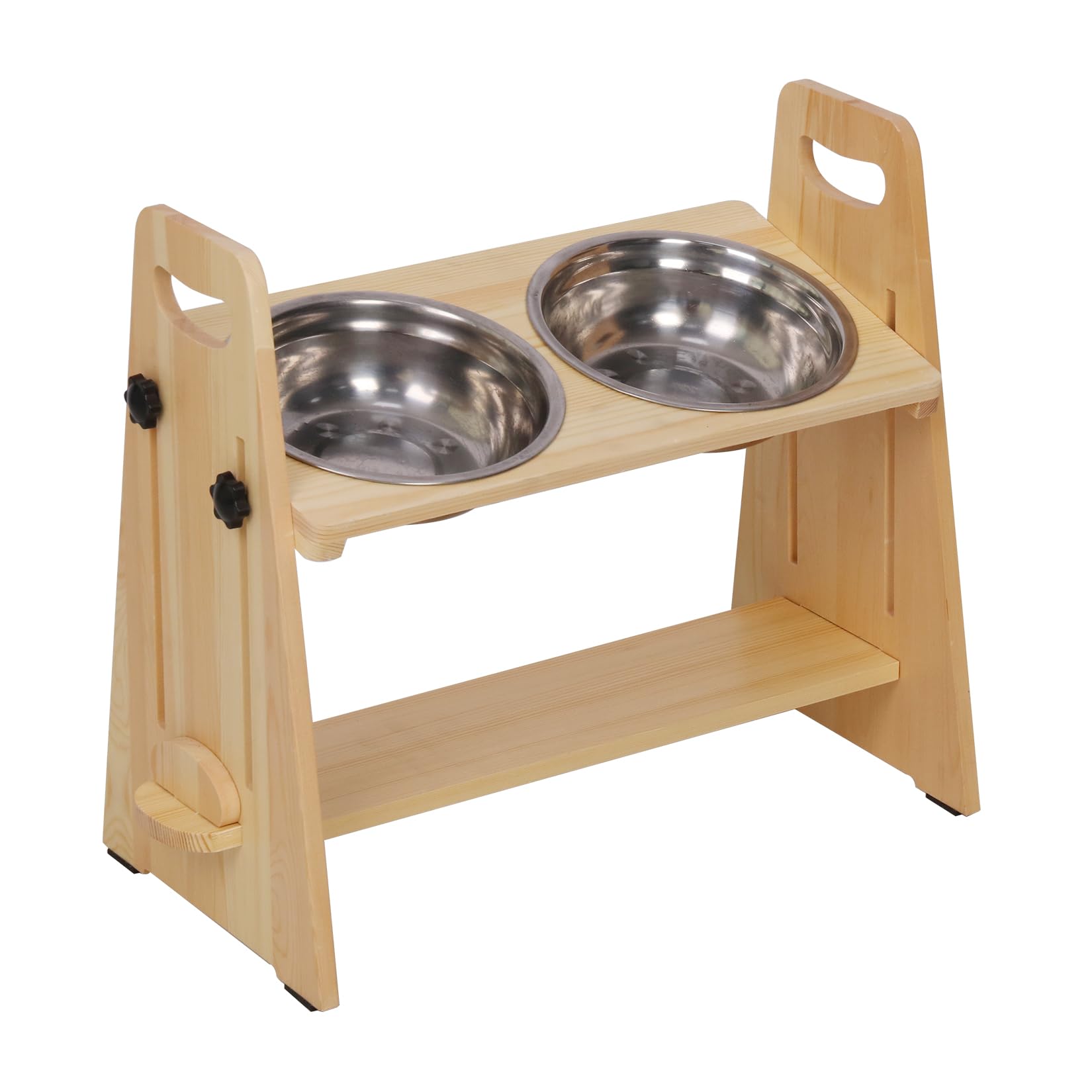 BingoPaw Raised Dog Bowls Stand: Personalised Large Wooden Height Adjustable Elevated Dog Food Water Bowl with 2 Stainless Steel Bowls Wood Pet Cat Feeder Station