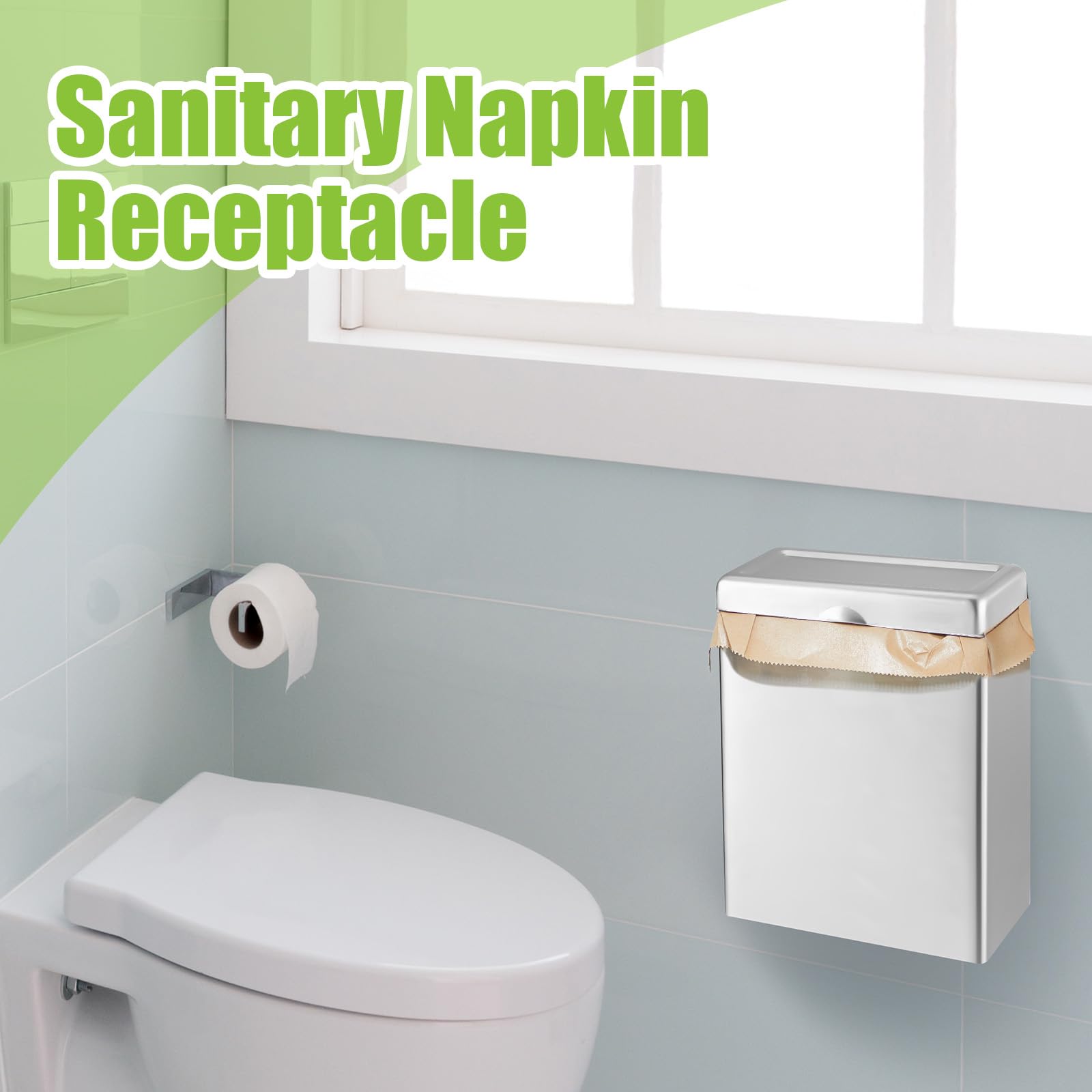 Tioncy Receptáculo de servilletas sanitarias con 100 bolsas de forro de higiene femenina, soporte de tampón montado en la pared para baño, bolsas de eliminación de servilletas sanitarias, contenedor