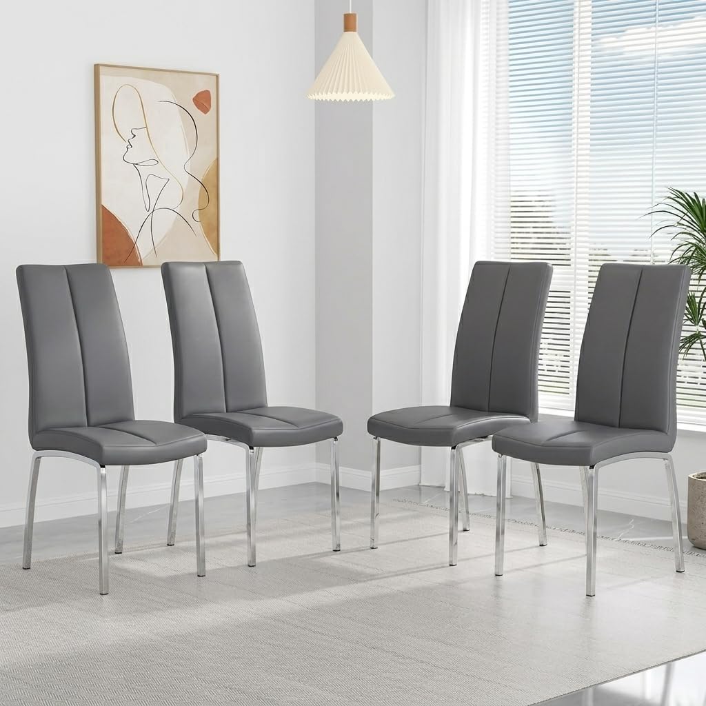 GOLDFAN Dining Chairs Set of 4 High Back Faux Leather Chairs with Chrome Legs for Kitchen Restaurant Chair Office Chairs Meeting Room Home,Grey