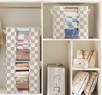 Ohocut Beige Checkered Clothes Storage Bins, 100L Large Blanket Storage Bags 3 Pack, Closet Organizers and Storage Containers for Comforters, Bedding, Foldable Organizer with Handle