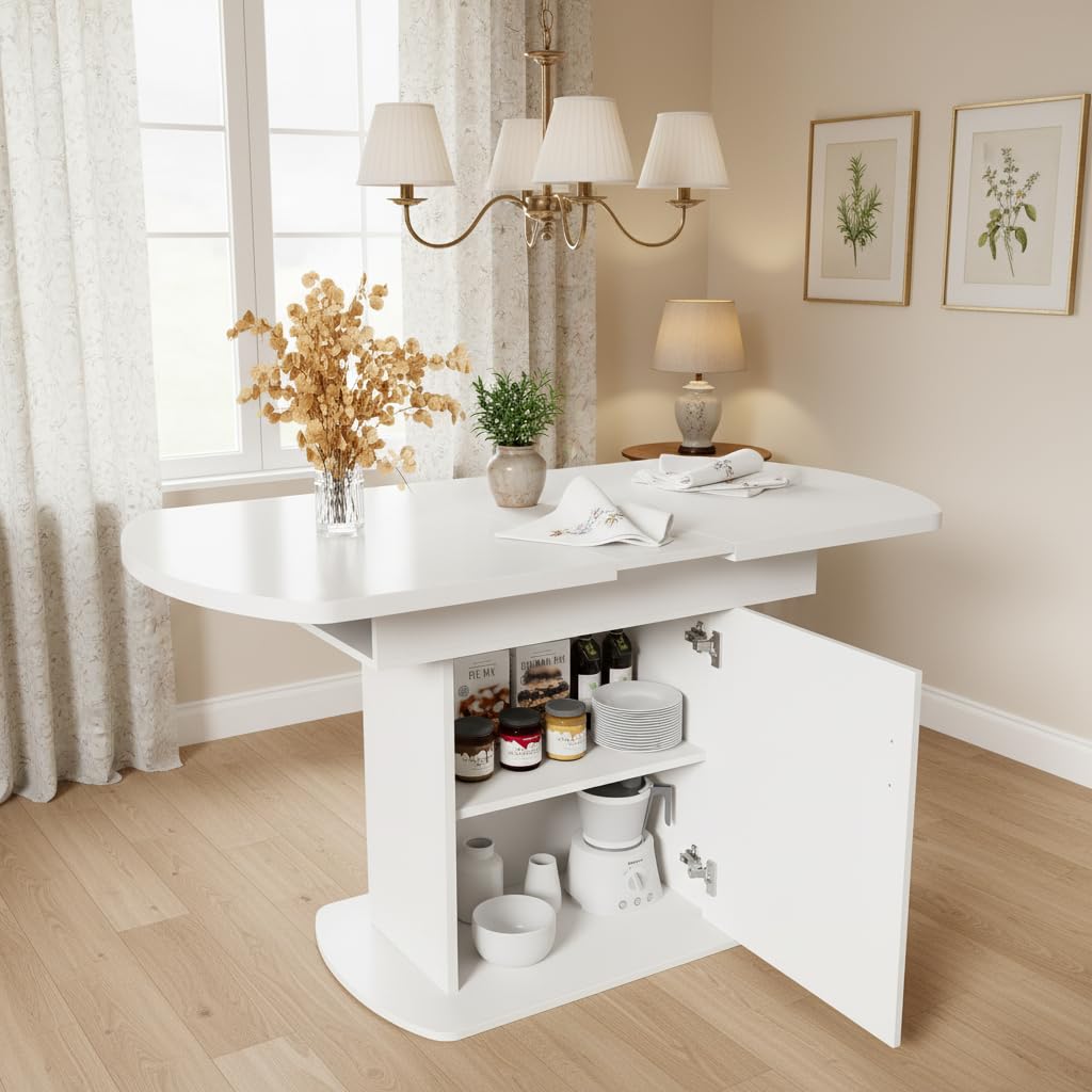 BTM Extendable Oval Dining Table, 110/130cm Space-Saving Multi-Functional Dining Table with Storage Function, Modern Minimalist Style, White