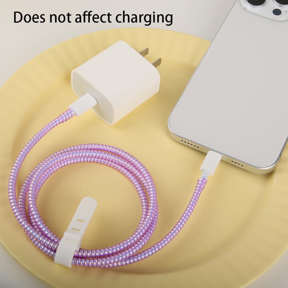 4pcs 1.6M(5.25FT) Spiral Cable Protector, Multicolor Suitable for Most Phone/Pad/Laptop USB Wire Cord Savers Protection Cover Anti-Break Wrap Charger Data Line Cables Sleeves, Laser Purple