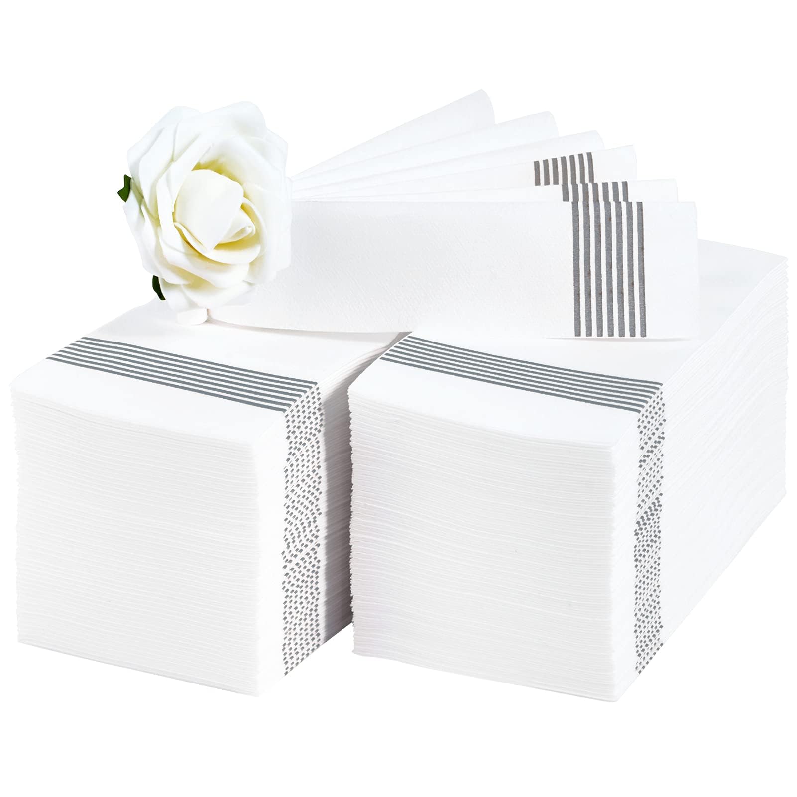 LITOPAK 100 Pack Guest Towels Disposable, Soft And Absorbent Bathroom Napkins, Paper Guest Towels for Bathrooms, Party, Wedding or Events. White and Silver
