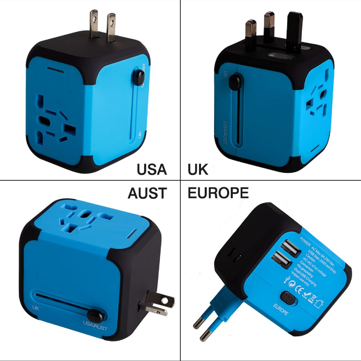Uniwersalny adapter wtyczki podróżnej International Adapter Adapter z dwoma portami USB dla US EU UK AU około 150 krajów i bezpieczników bezpieczników do tabletu PC, smartfonów aparatów
