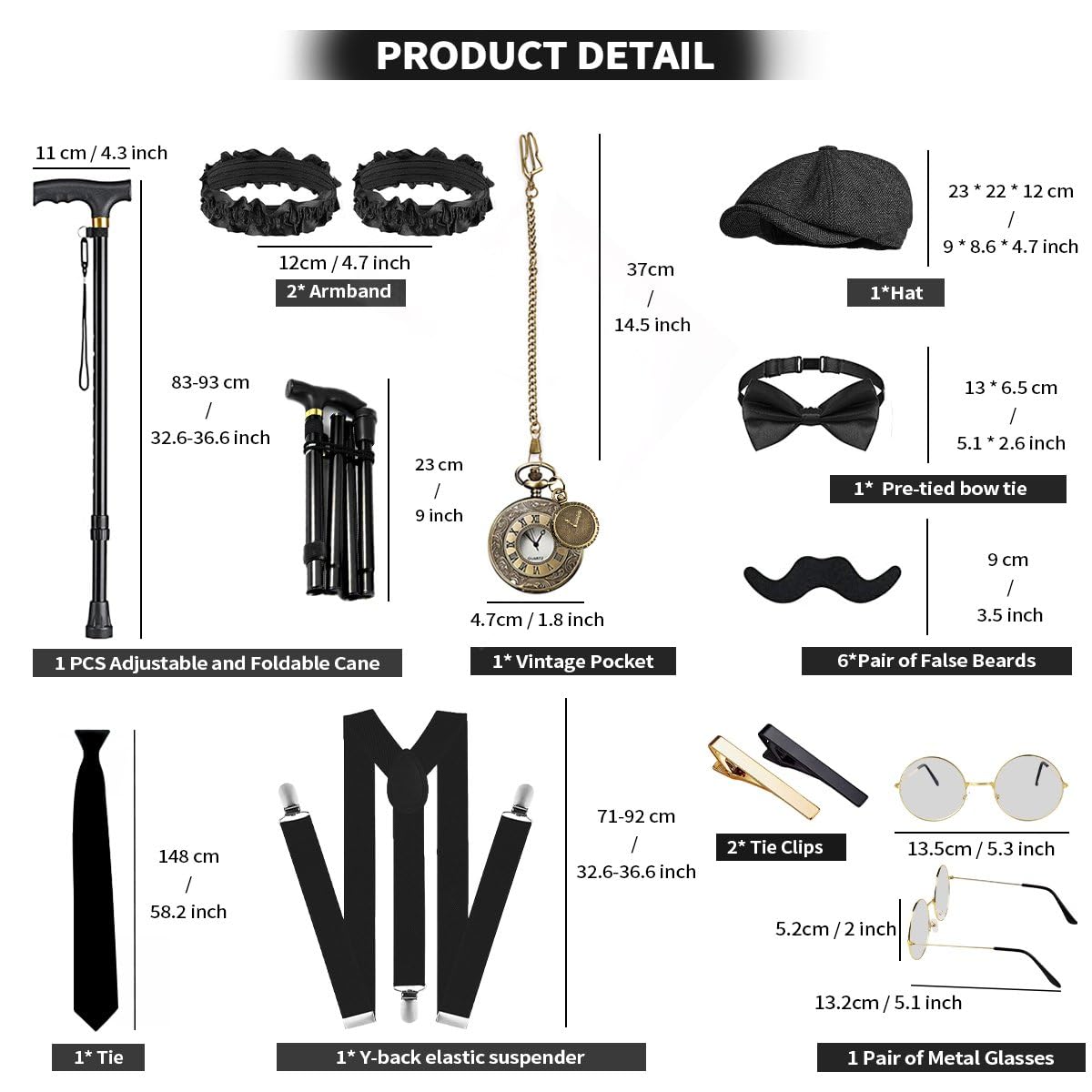 Disfraz de los años 20 para hombre, chaleco con accesorios, tirantes, muleta, reloj de bolsillo, barba, boina, gafas, alfiler de corbata para disfraz de mafia de los años 20, gángster, Peaky Blinders