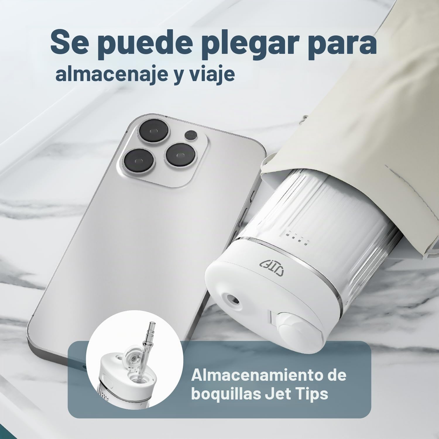 JTF Irrigador Bucal Mini, Portátil Dental Limpieza Eléctrica Inalámbrico Viaje con 5 Boquillas, 4 Modos de Pulso, 230 ML Depósito de Agua Retráctil, IPX7 Resistente Al Agua (Blanco)