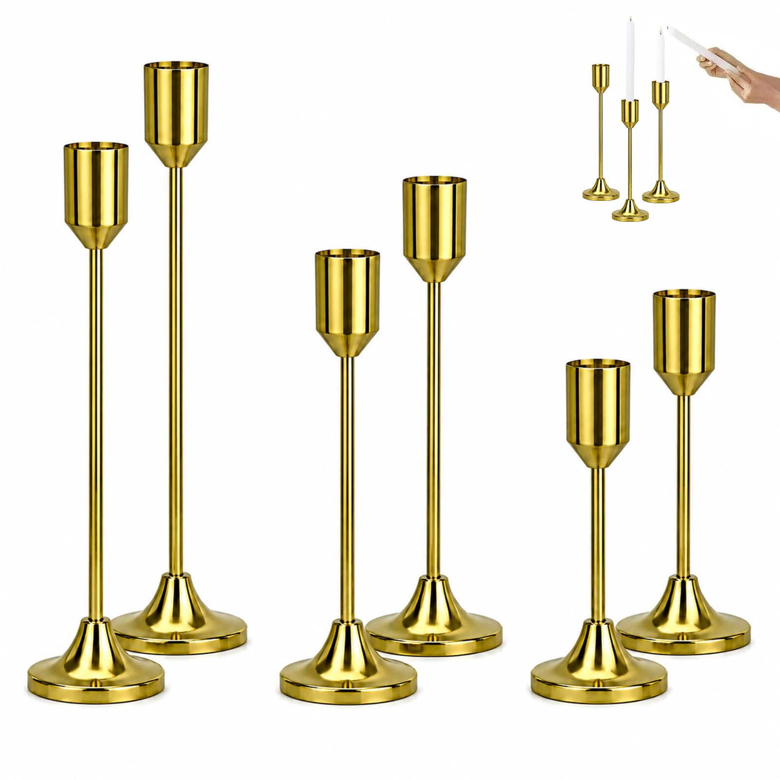 6Pcs Copper-Coloured Gold Candle Holders Set in 3 Graduated Heights