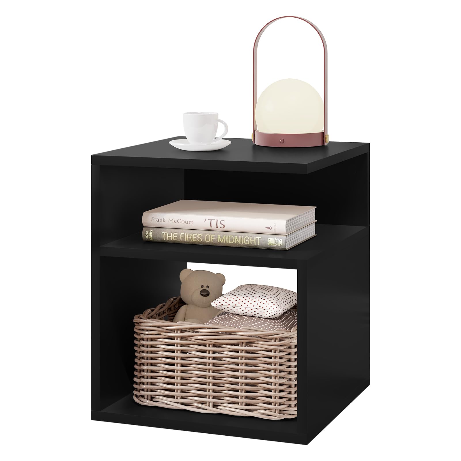 EUGAD Nachttisch Schwarz, Beistelltisch mit 2 offene Fächer, 35x41,5x35 cm, Nachtkommode Nachtschrank für Boxspringbett, Platzsparender Nachttisch für Wohnzimmer Schlafzimmer, 0006CTG