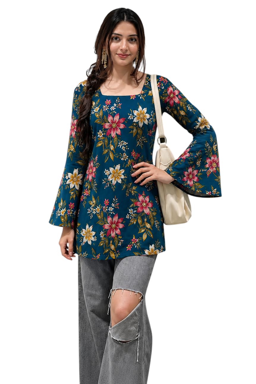 SONISHA Women's Cotton Short Kurti for Women Floral Print Square Neck Bell Sleeve Kurti with Back Tie-Up | Corset A-Line Short Kurti Top for Girls | Stylish Casual Kurtis-picture-11