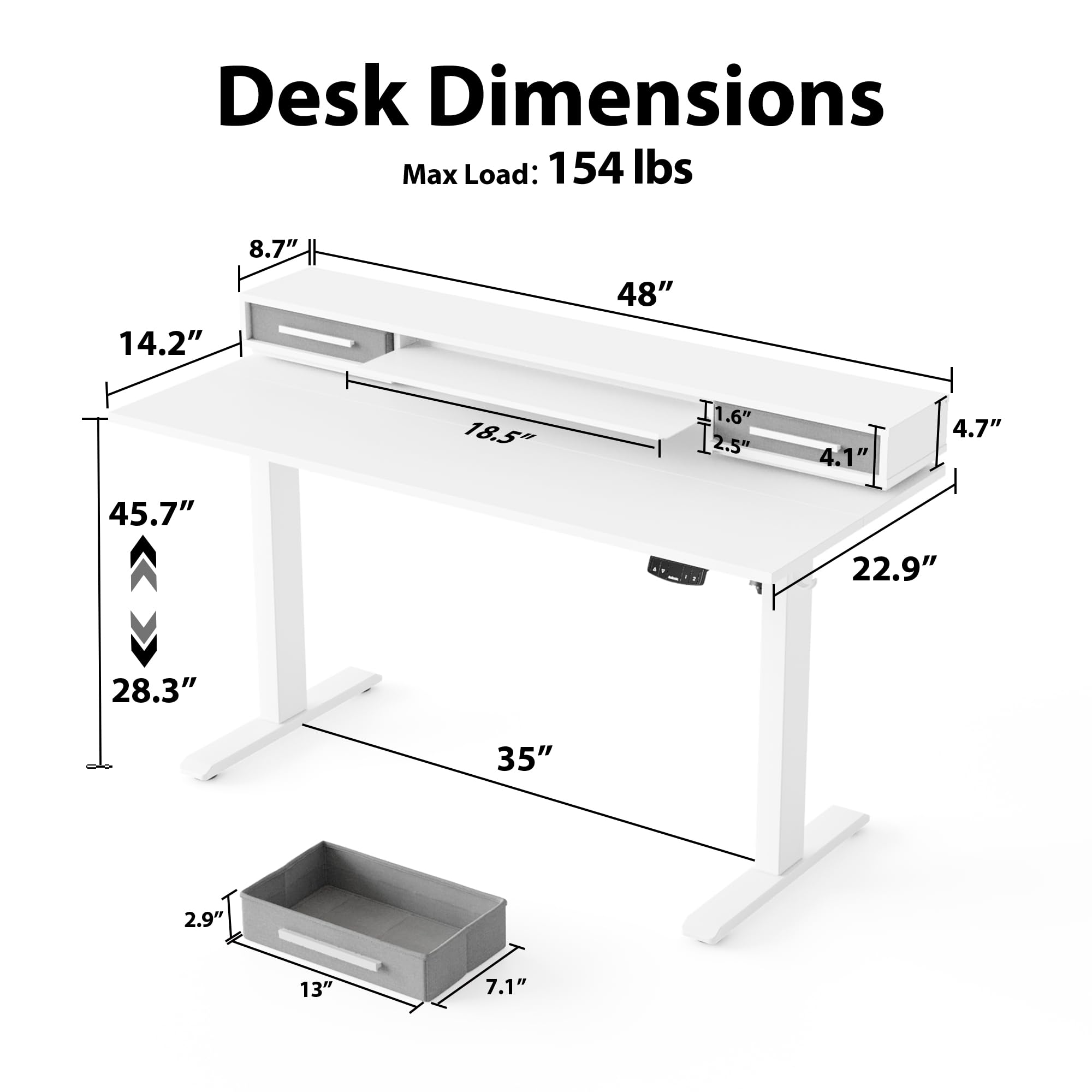 Agilestic Glass Standing Desk with Storage, 48 Inch Electric Adjustable Desk with Glass Shelf and Cable Management, Sit Stand Up Home Office Computer Table, Splice Board, White: White 48 x 24 Inches with 2 drawers