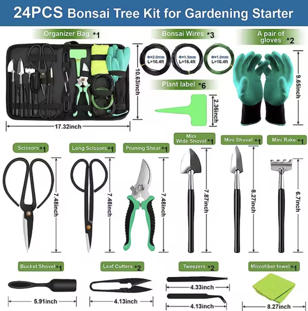 SeedsAlp Ensemble d'outils pour bonsaï, 24 pièces, kit de transplantation de plantes avec sac de rangement pour jardin robuste