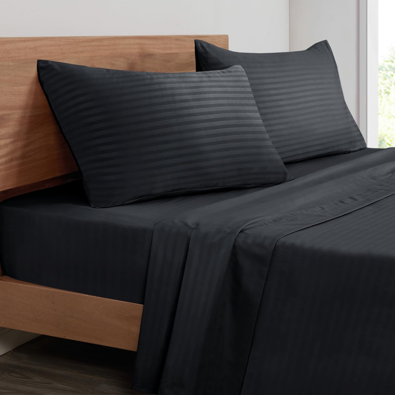Mejoroom Striped King Size Sheet Set – Hotel Luxury Bed Sheets - Deep Pocket Up to 16 inch, Breathable, Wrinkle, Fade and Stain Resistant – 4 Piece(02-Black) — image 1