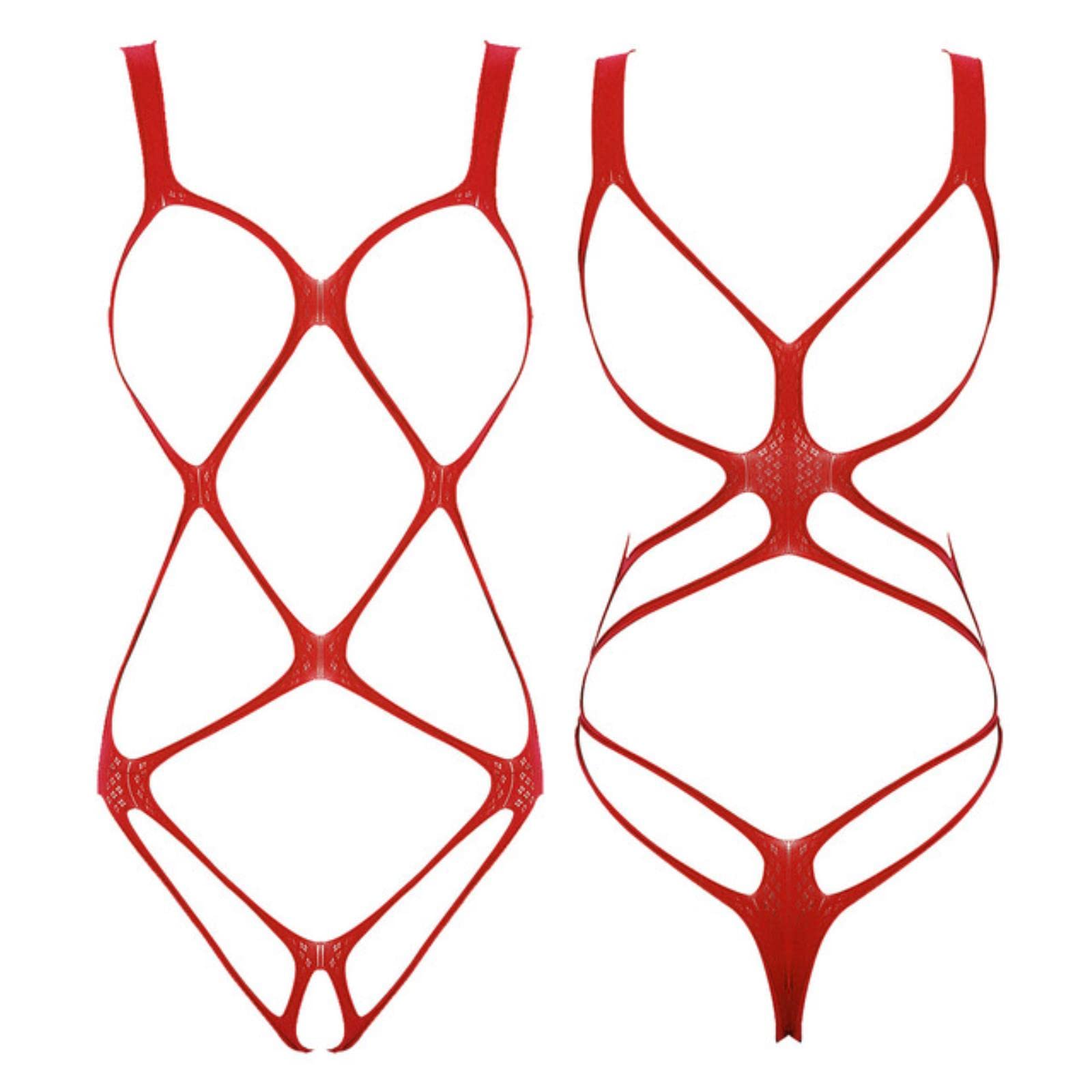 PIYAX Sexy Women One-piece Bodysuit Hollow Fishnet Lingerie Open Cups Crotchless Bodystockings See-through Stretchy Nightwear