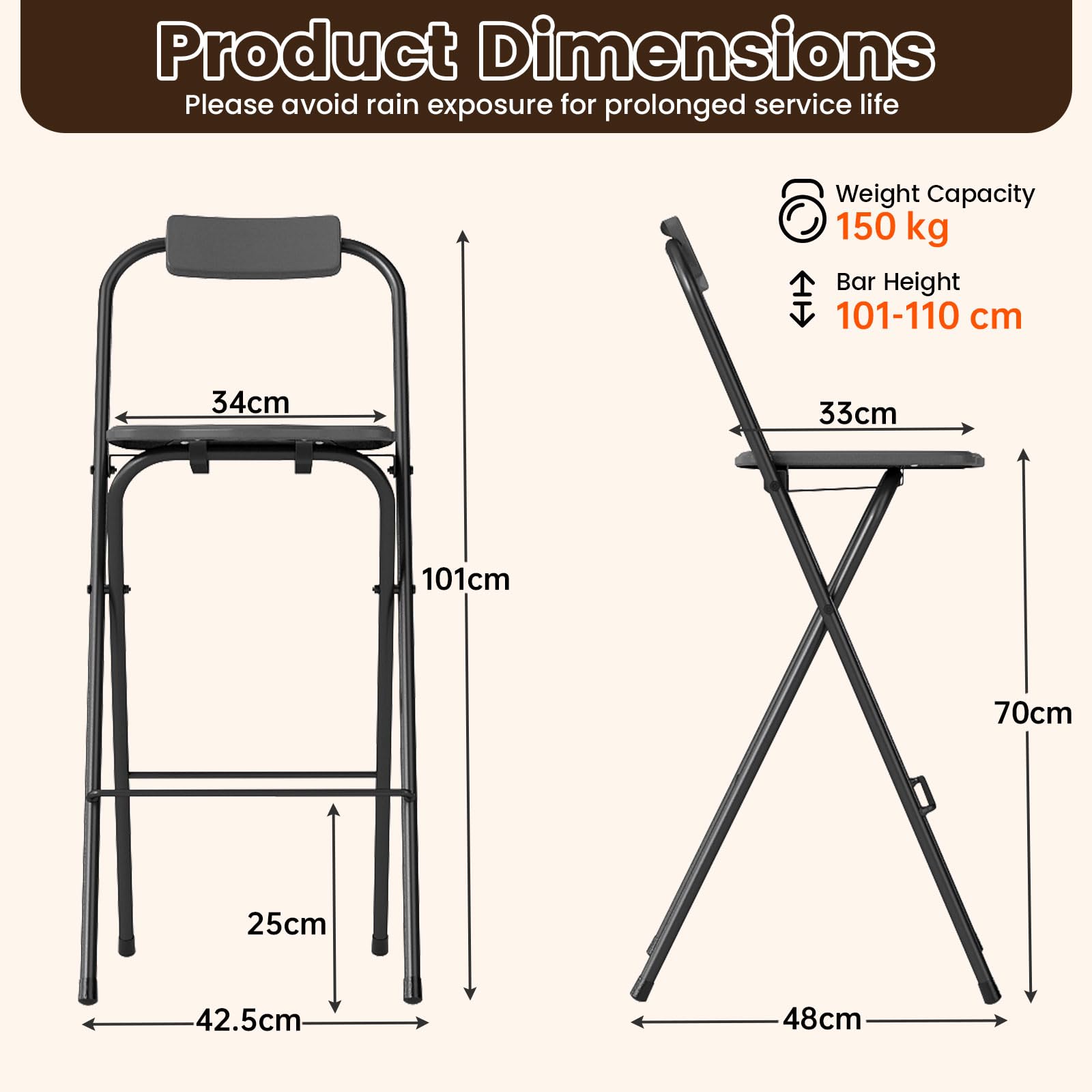 GIANTEX Juego de 2 Taburetes de Bar Plegables, Sillas Portátiles con Respaldo Inclinable, Asiento Curvado y Reposapiés, Carga hasta 150 kg, Taburetes Altos para Balcón, Comedor, Jardín (Gris)