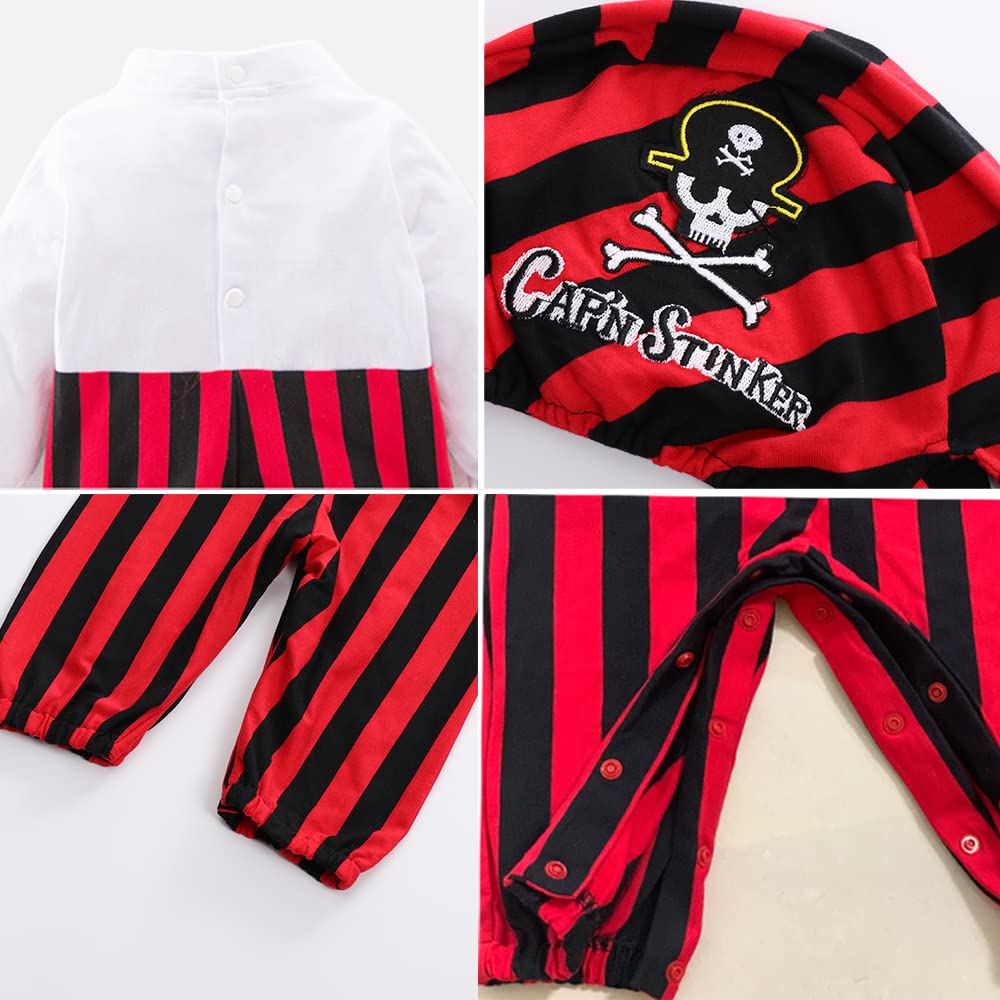 Costume de pirate pour bébé garçon - Costume d'Halloween - 4 pièces - Barboteuse, ceinture, gilet et chapeau - 12-36 mois