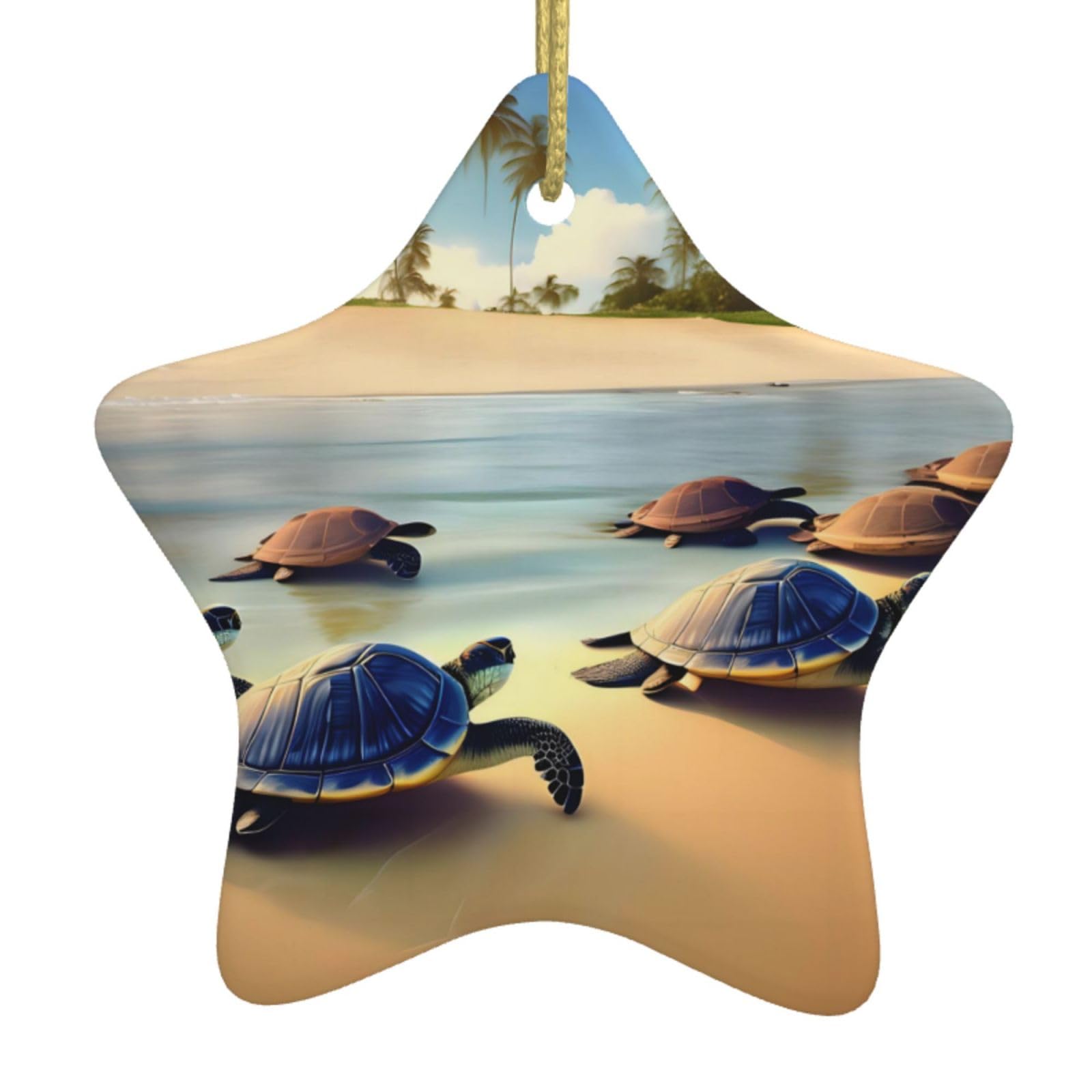 Turtles on The Beach Christmas Ceramic Star Pendant with Punched Holes and Gold Wire Rope, Christmas Tree Home Decoration