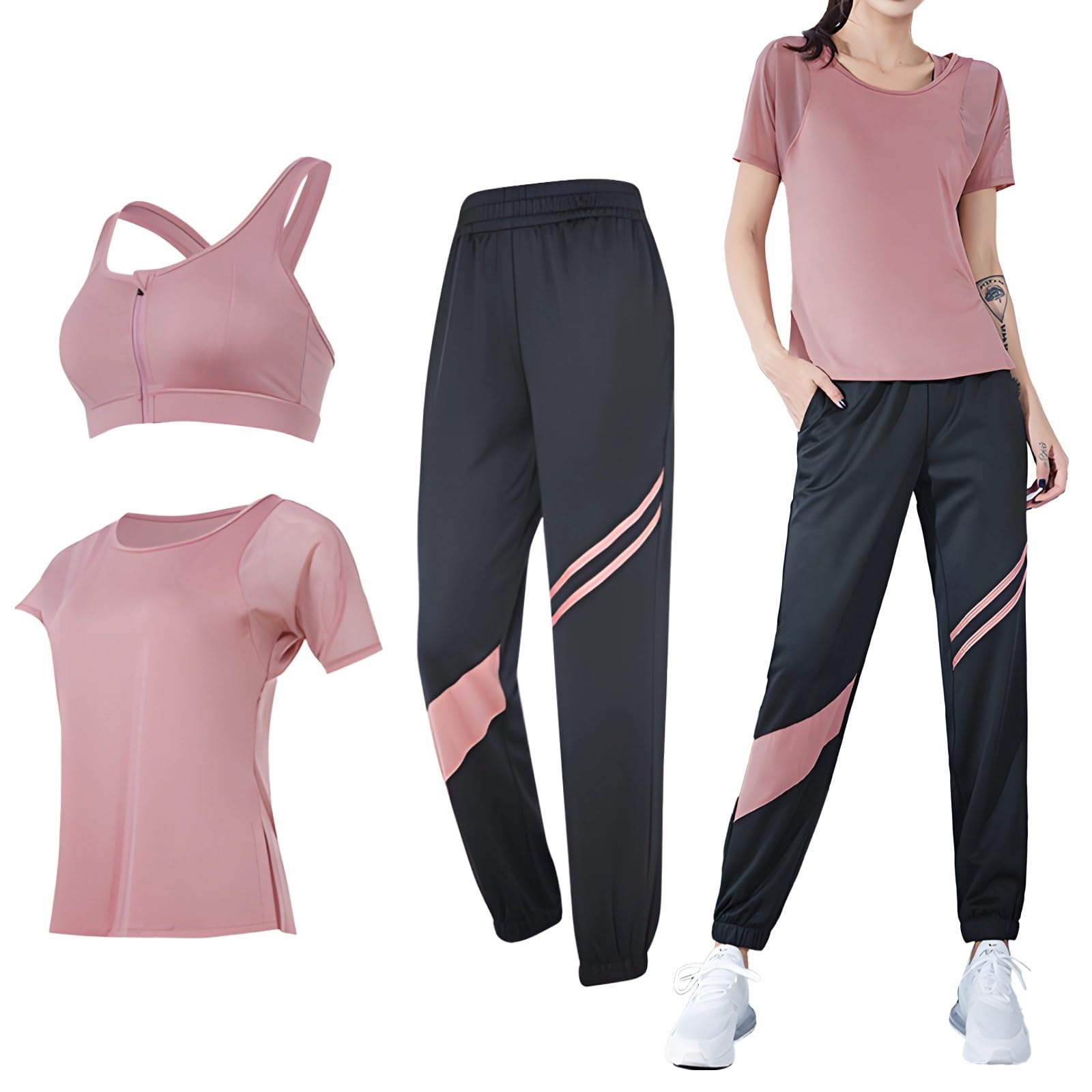Conjunto de entrenamiento de tres piezas para mujer, color negro, brasier deportivo, parte superior, leggings, tela transpirable de poliéster y elastano, talla XXL, rosa, Talla única