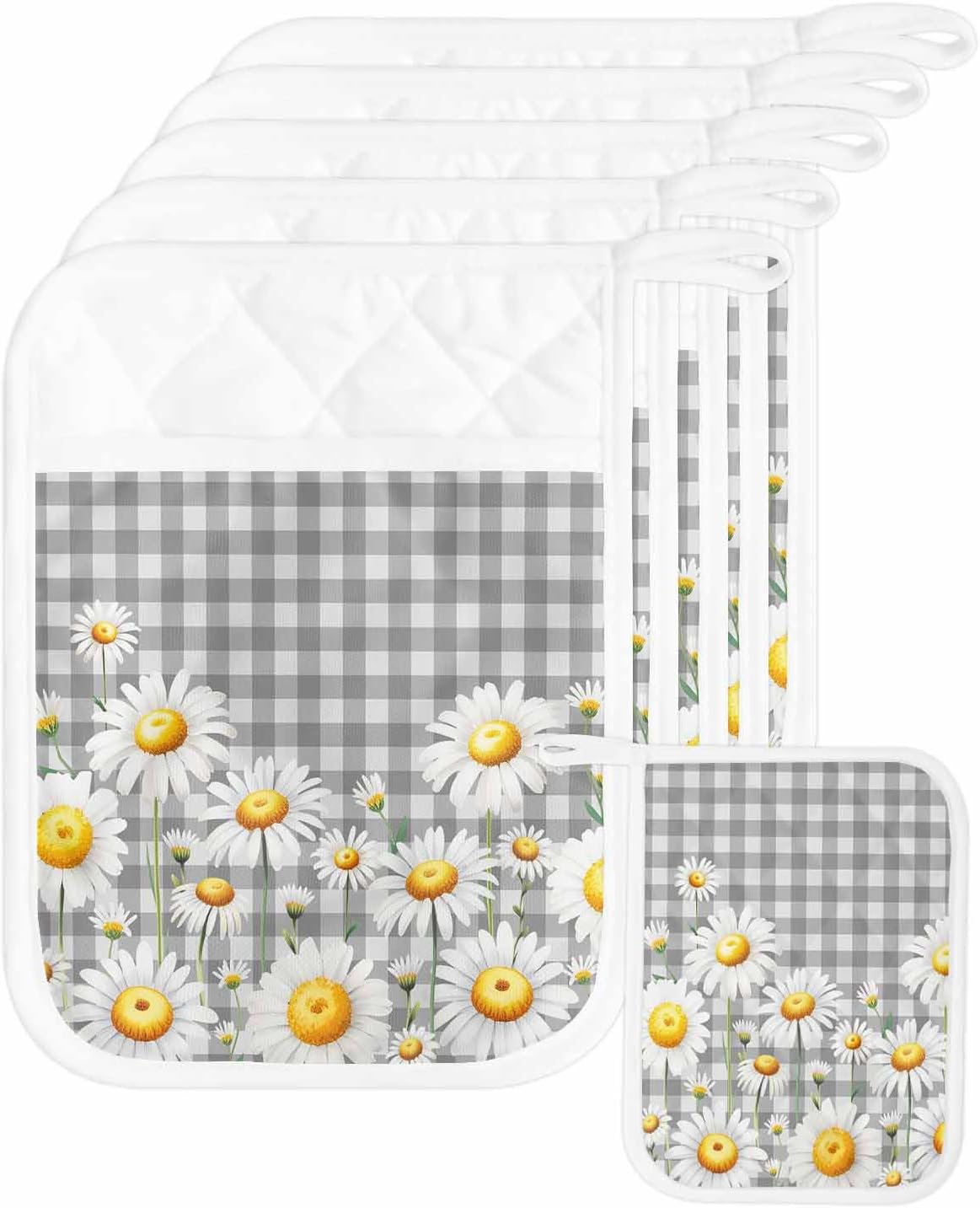 5 Pack Pot Holder with Pocket, Spring White Daisy Flower Kitchen Potholders Heat Proof Non Slip Pot Holders Sets, Farmhouse Flower Gray Buffalo Plaid Hot Pads Potholder for Cooking Baking BBQ