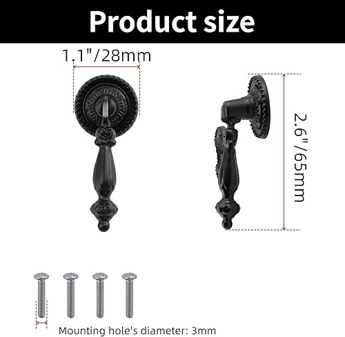 Miniatura 2 de 4 tiradores de lágrima colgantes antiguos decorativos para gabinete, cajón, armario, tocador, joyero con tornillos (negro, 2.6 x 1.1 pulgadas)