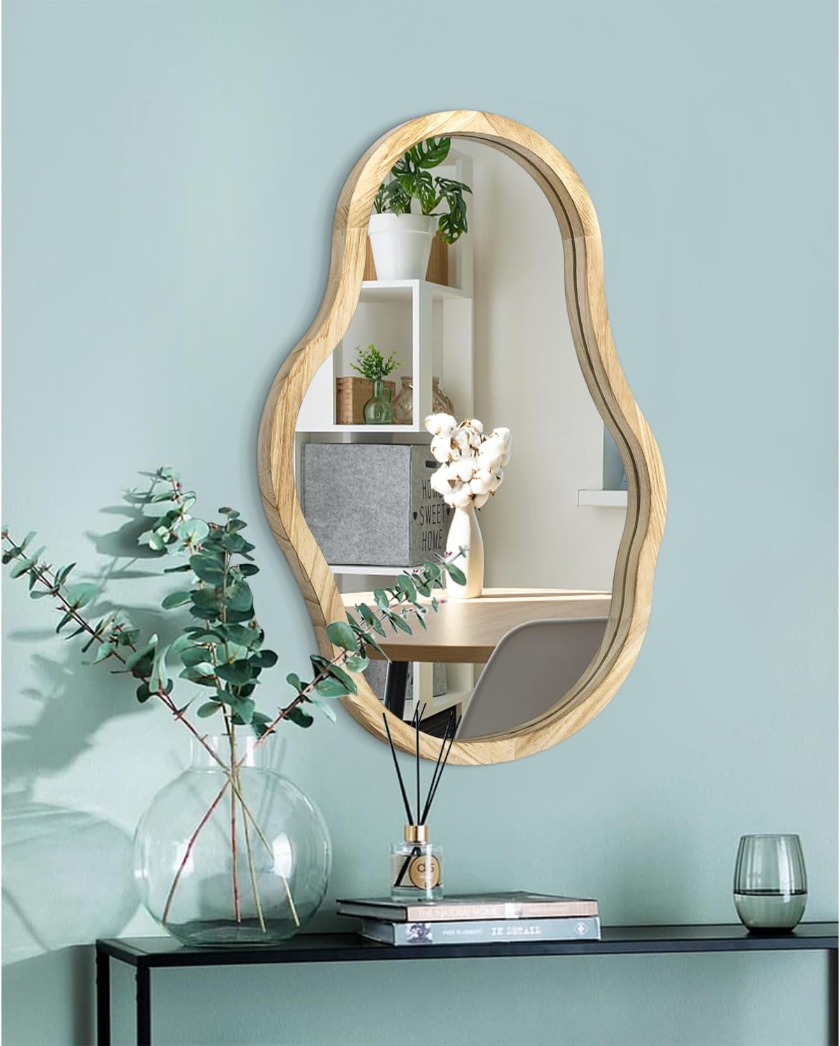 Asymmetrical Wooden Framed Wall Mirror Modern Unique Shape Hanging Mirror Artistic Irregular Mirror Decor Bathroom Vanity Bedroom Living Room Entryway Hallway Large Natural 26"x18"