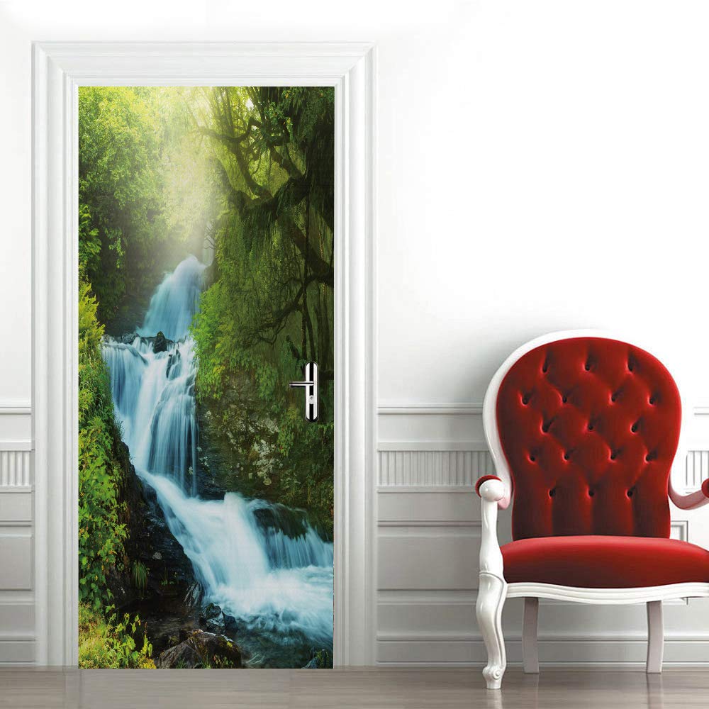 Poster Porte Trompe l'Oeil forêt verte grand format 73x205cm décoration murale en vinyle adhésif