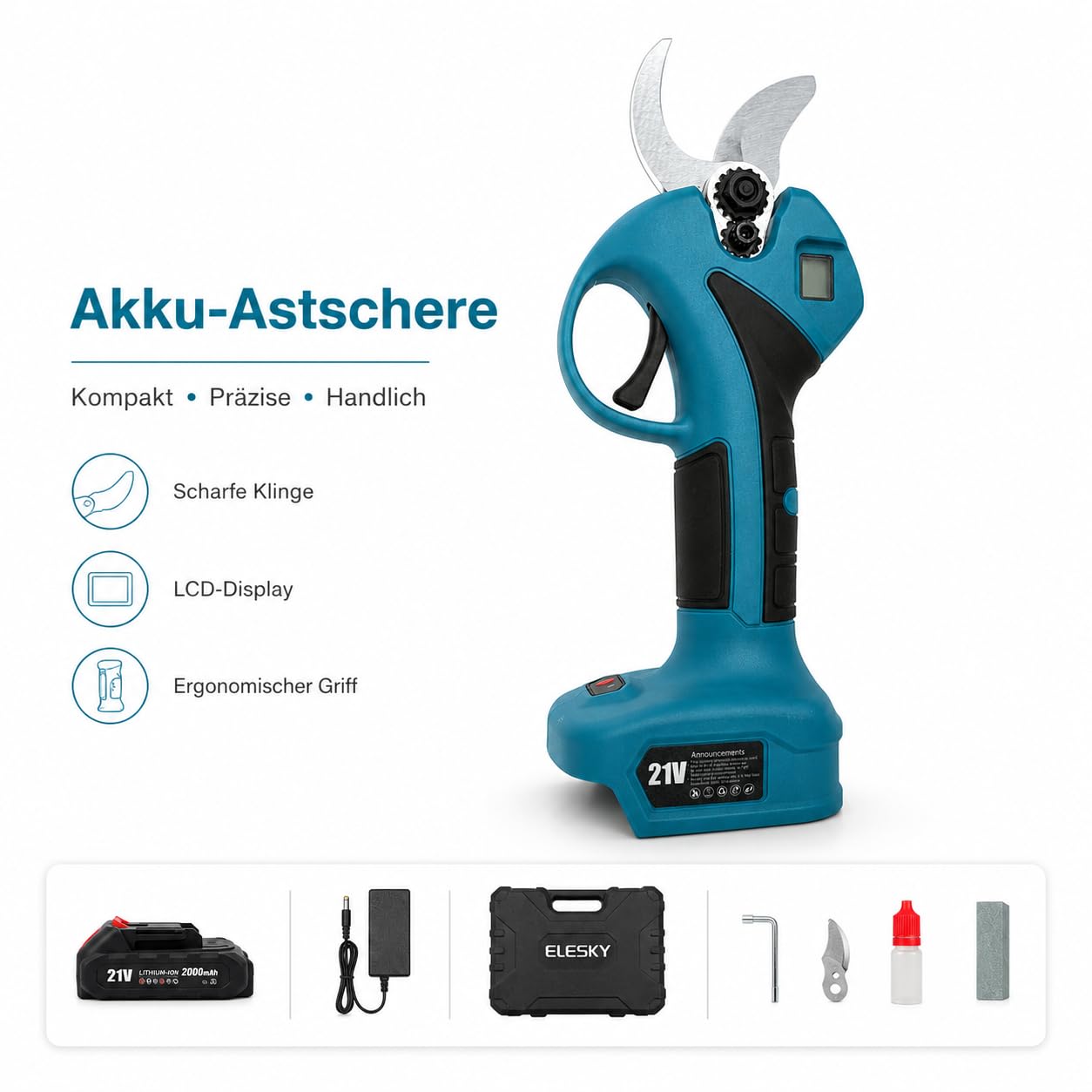 Akku-Astschere Professionelle Passend Kompatibel mit Makita Akku | 45mm Elektrische Gartenschere mit Akku, SK5 Klingen, LED-Display, Doppelte Sicherheitsverriegelung für Garten, Sträucher