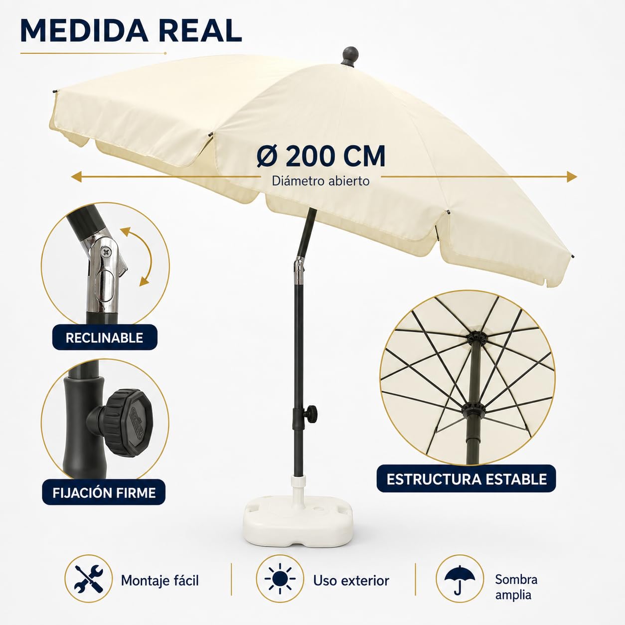 Pincho Sombrilla Terraza Exterior Reclinable 200 cm Beige con Bolsa de Transporte, Sombrillas Jardin Grandes, Parasol Terraza Exterior, Estructura Estable para Jardin, Patio y Balcón, Uso Exterior
