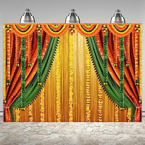 Image of Lofaris India Pooja Photography Backdrop Puja Ganpati Pooja Traditional Mehndi Festival Background Decorations Wedding Party Marigold Garlands Photo Props 6x4ft