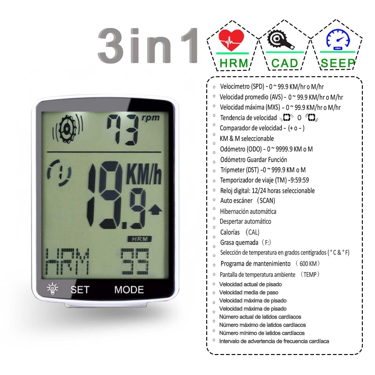 Compteur Velo sans Fil， Cardiofréquencemètre avec Compteur Velo et pédalier 3 - en - 1, 2,8 "LCD Clignotant vélo, boîtier Blanc avec rétroéclairage Blanc