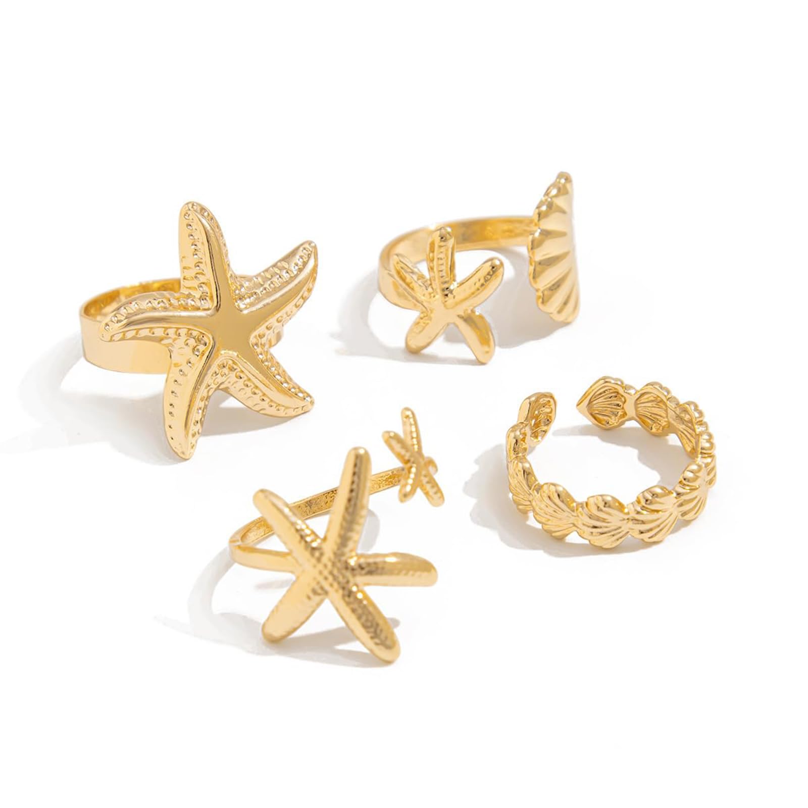 4pcs Shell Jewellery For Women Seashell Starfish Rings Set Gold Silver Summer Beach Surfer Conch Stacking Rings Beachy Jewelry For Women