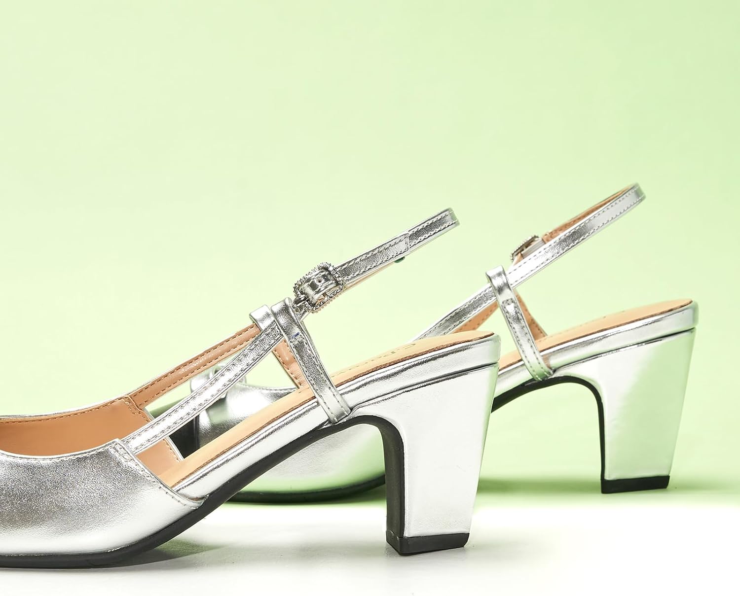 C.Paravano Women's Slingback Low Chunky Heels Silver Round Toe Block Heel Pumps Splicing Bowknot Slip On Fashion Party Dress Shoes,Size12 - Image 3