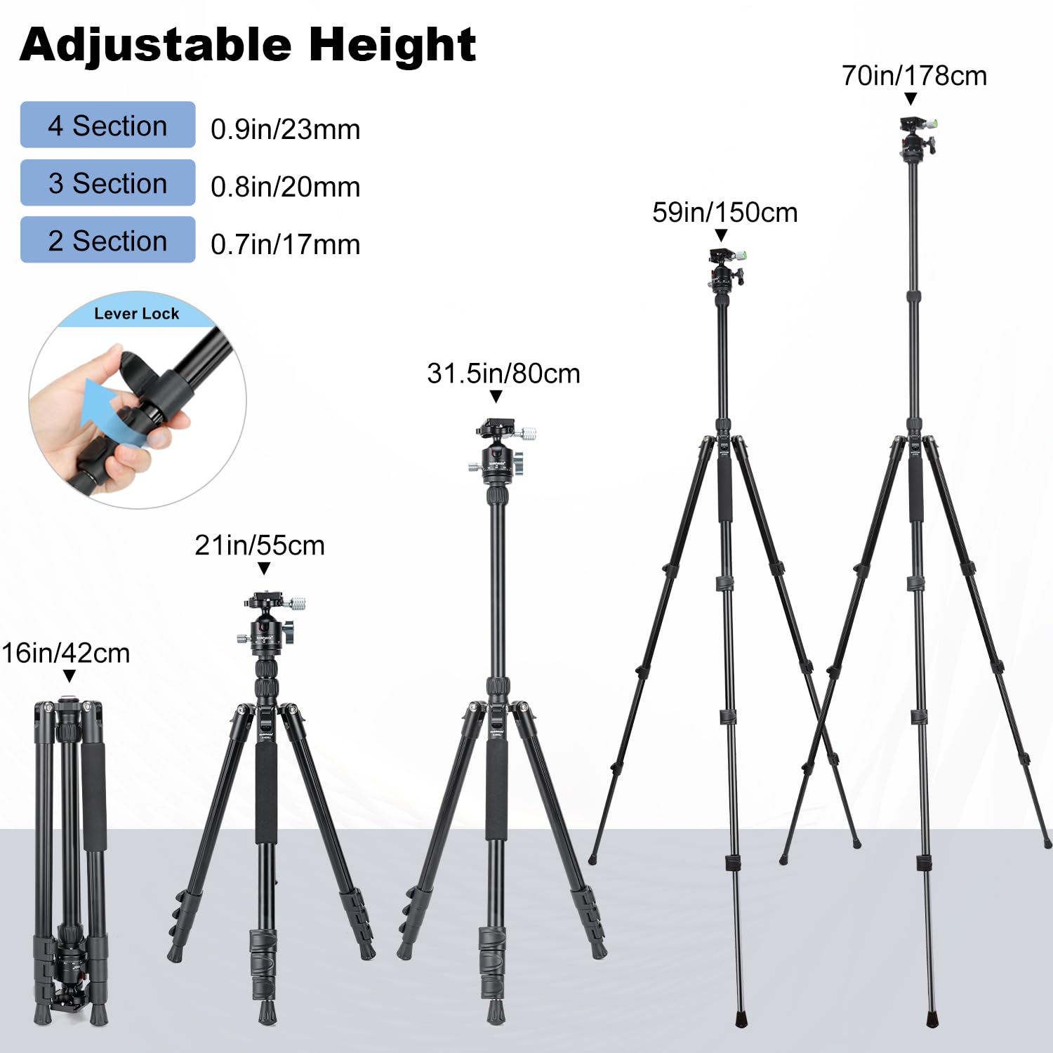 Koolehaoda Trípode para cámara, trípode plegable de aluminio de 70 pulgadas, trípodes de viaje ligeros para cámara con cabezal de bola de 360°, capacidad de carga de 22 libras para cámara DSLR y
