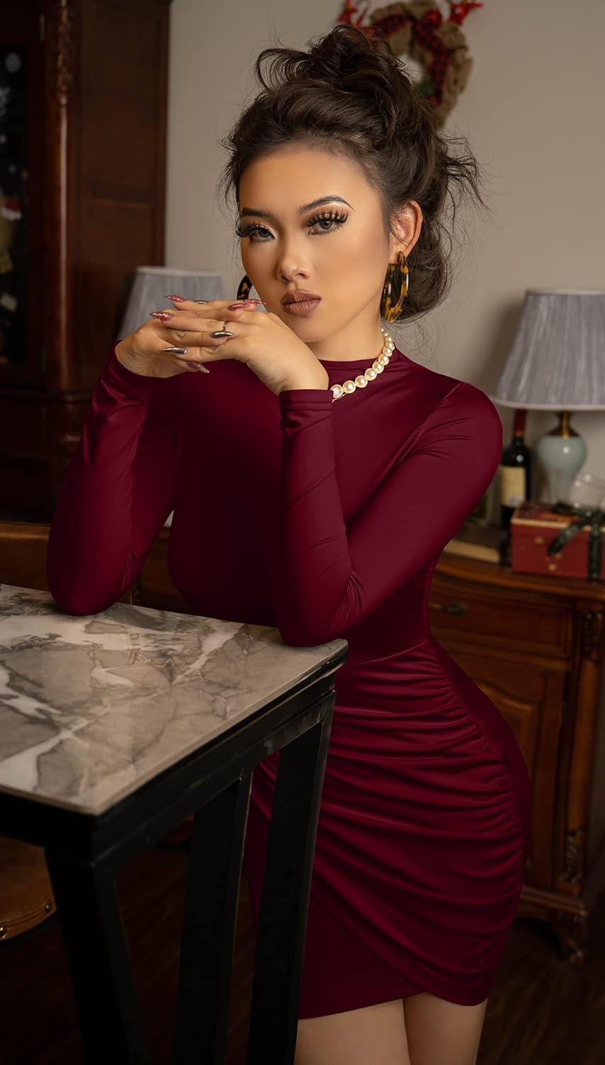 GOBLES Women's Long Sleeve Elegant Sexy Bodycon Ruched Mini Cocktail Dress - Image 6