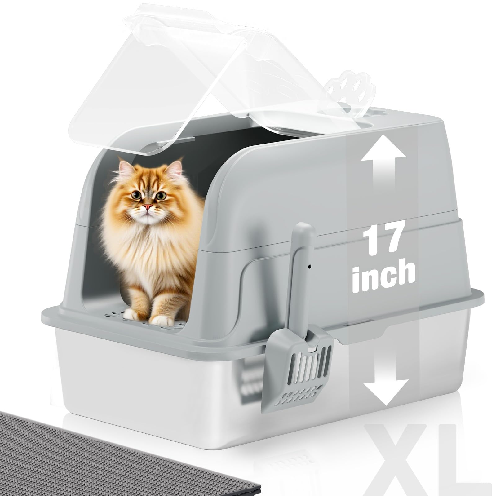 Stainless Steel Cat Litter Box Fully Enclosed, Extra Large Metal High Sided Cat Box with 120° Fully Transparent See-Through Flip Lid, Scoop & Mat - Grey - XL