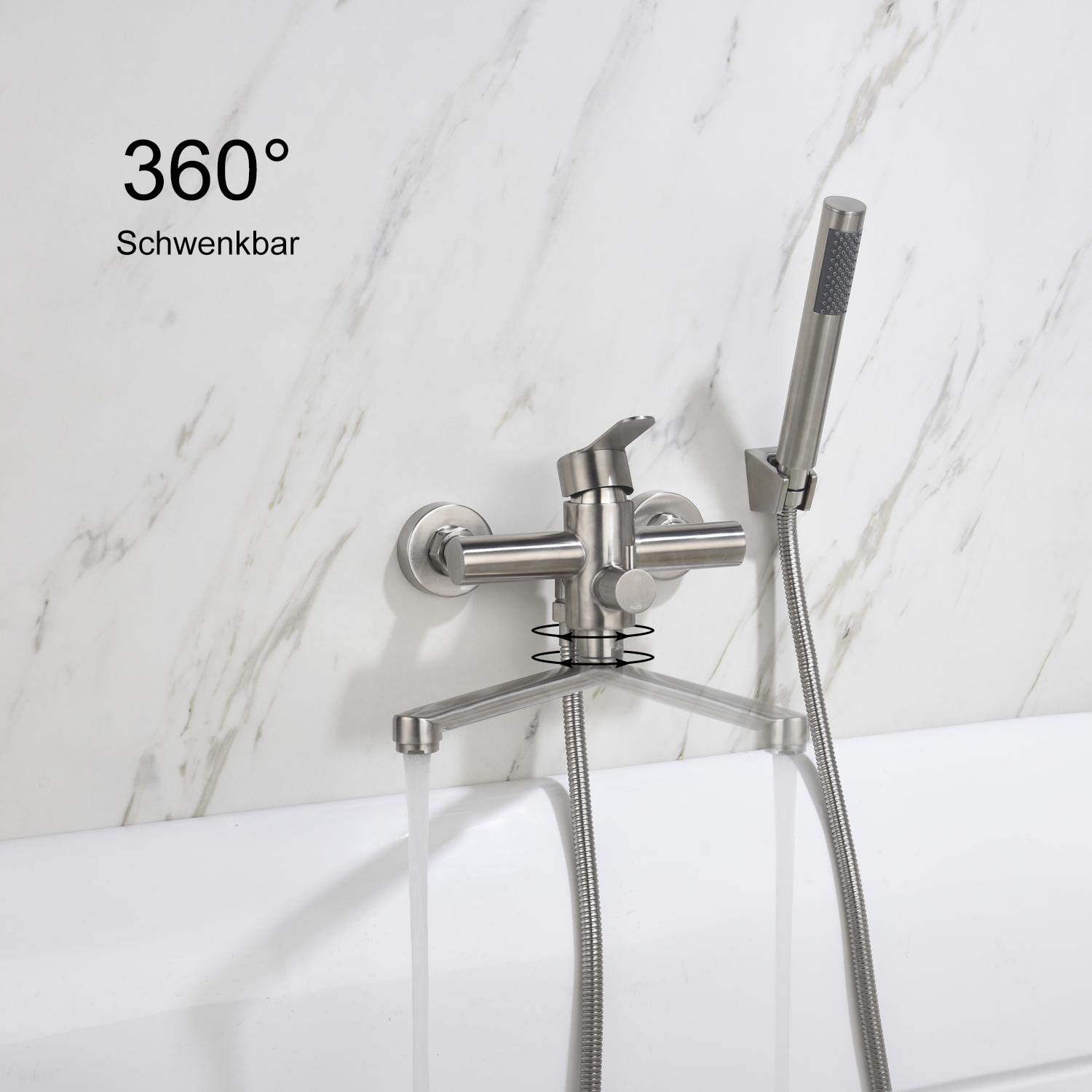 HomeLava Grifo Bañera y Ducha, Grifo de Bañera con Alcachofa de Mano Monomando Redondo de Acero Inoxidable 304, Instalación en pared, Cepillado(Longitud de La Boca 23 cm)