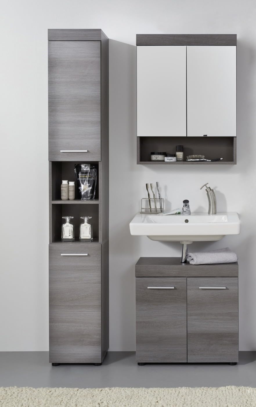 trendteam smart living - Runner - Badkombination - Grau - Hochschrank, Waschbeckenunterschrank, Spiegelschrank - (BxHxT) 103 x 190 x 31 cm - silberfarbener Griff