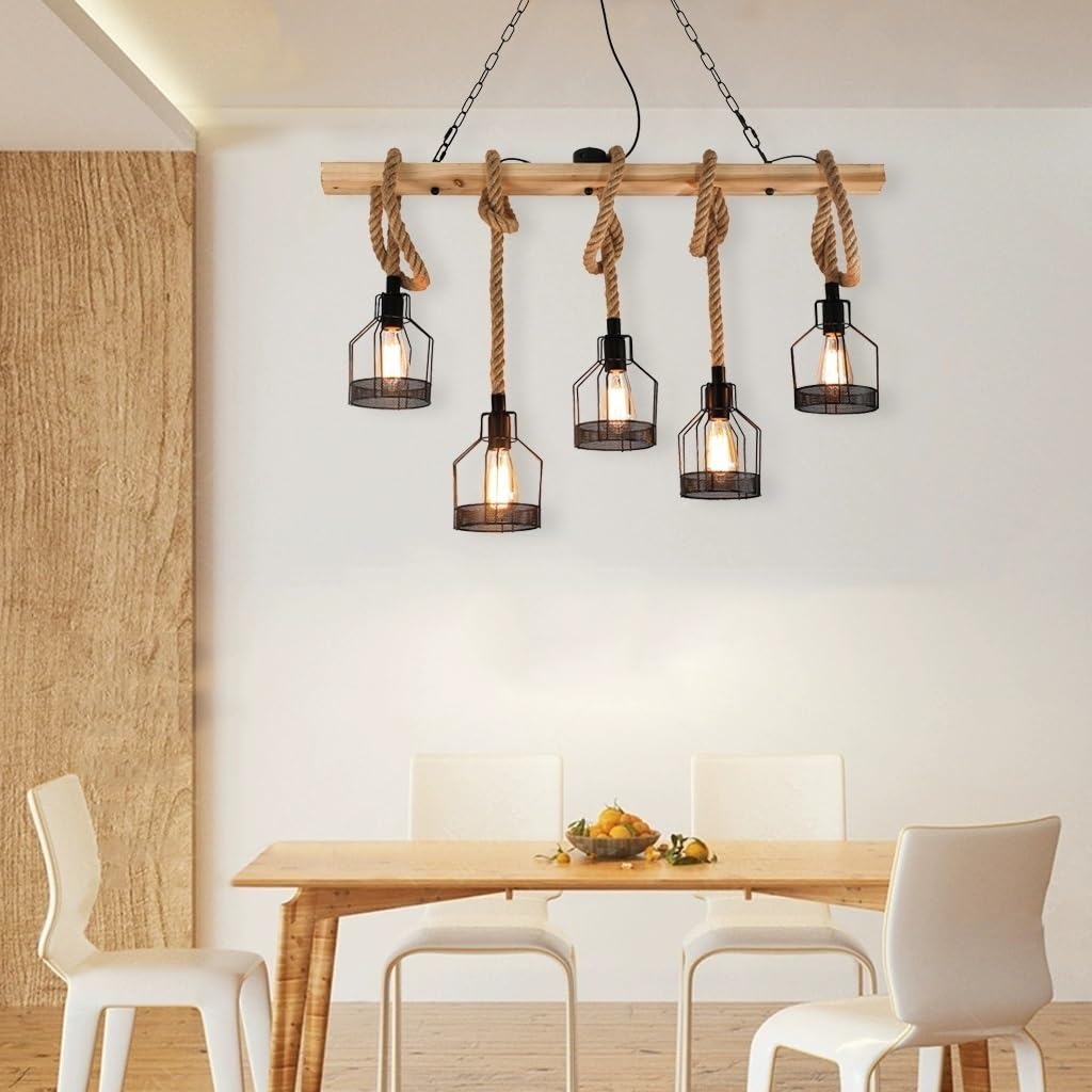 A.1.Coo Vintage Pendant Lights Wooden Pendant Lamp Dining Table Hanging Lamp Height Adjustable E27*5 Hemp Rope Chandelier Living Room Restaurant Ceiling Light Kitchen Island Bar Light Fixture 100CM