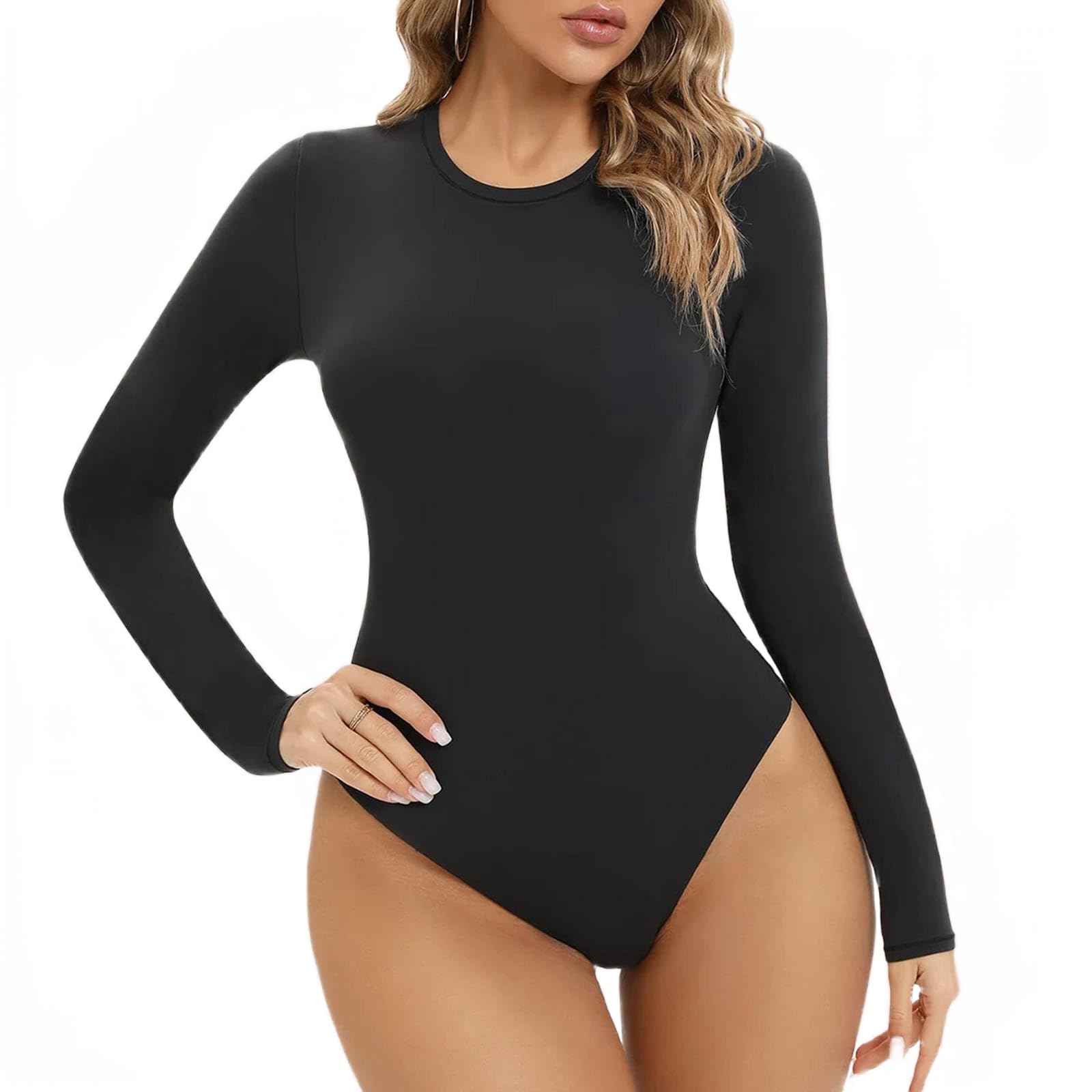 ISCBAFYX Body Moulant pour Femmes, Manches Longues/Courtes, Haut Justaucorps Extensible, String, col Rond, Couleur Unie, Combinaison Amincissante