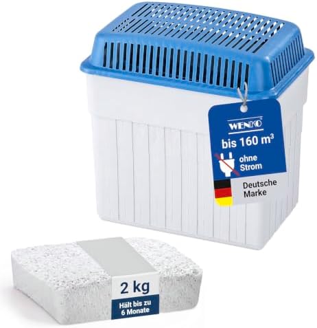 WENKO Luftentfeuchter 2 kg Blau, energiesparend da ohne Strom & geräuschlos | Raumentfeuchter für Räume bis 160 m³, wirkt bis 6 Monate, nachfüllbar, gegen Feuchtigkeit & unangenehm