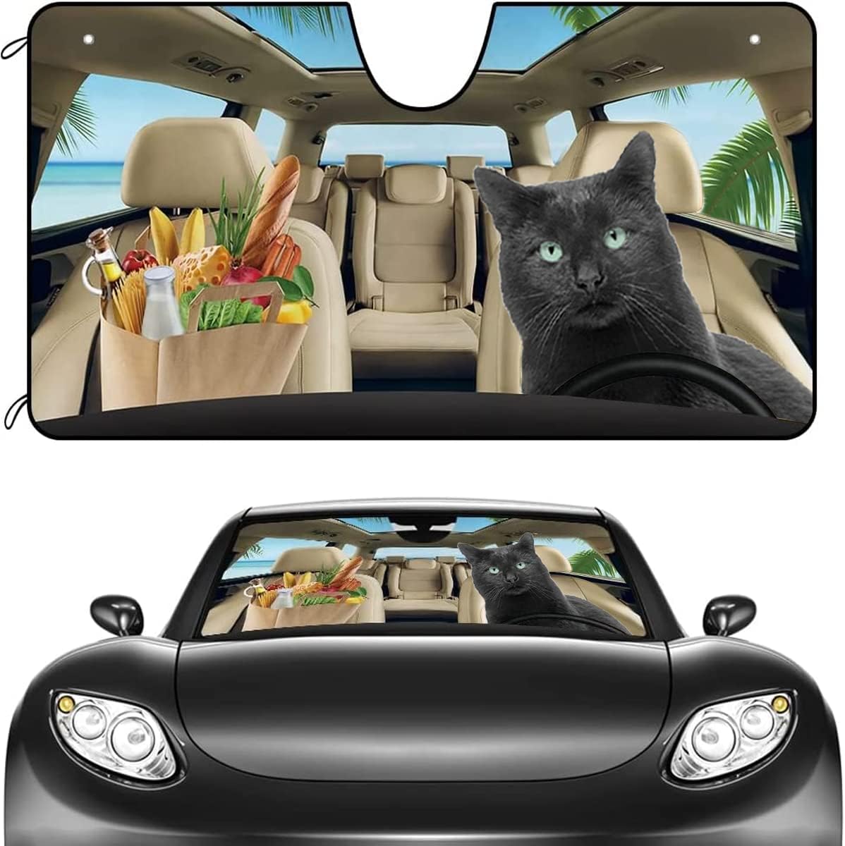 Bombay Cat Car Sun Shade, Bombay Cat Driving Go to A Picnic Auto Sun Shade, Windshield Auto Accessories for Bombay Cat Lovers, Window Sunshade Visor Protector Blocks UV Rays Keeps Vehicle Cool