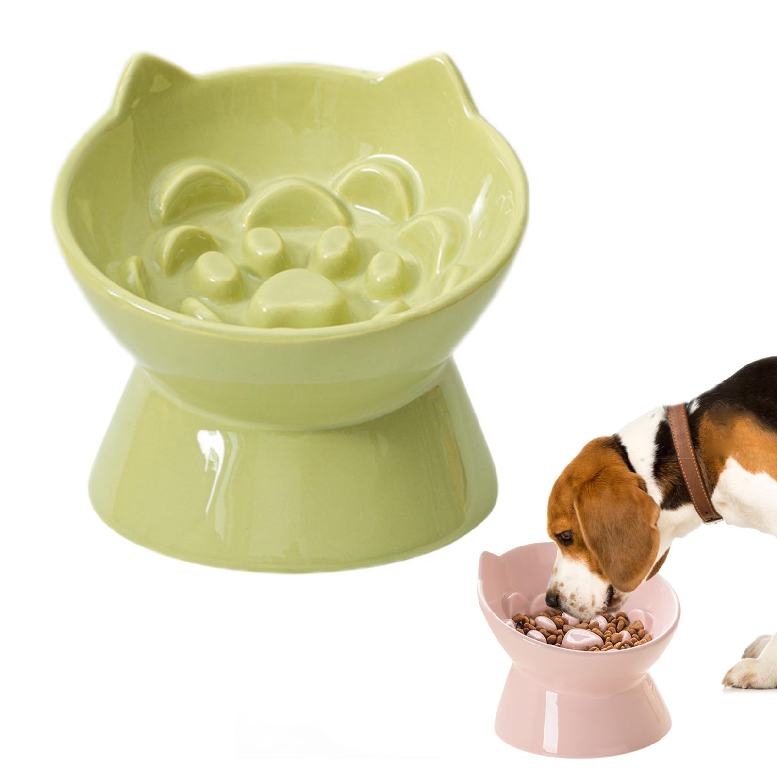 Pasdrucn Ceramic Slow Feeder Cat Bowls Ceramic with Wooden Stand, Anti Gulp Overeating Choking, Dog Slow Feeder Bowl, Whisker Friendly Cat Feeding Bowls, Elevated Cat Slow Feeder Bowl (Green)