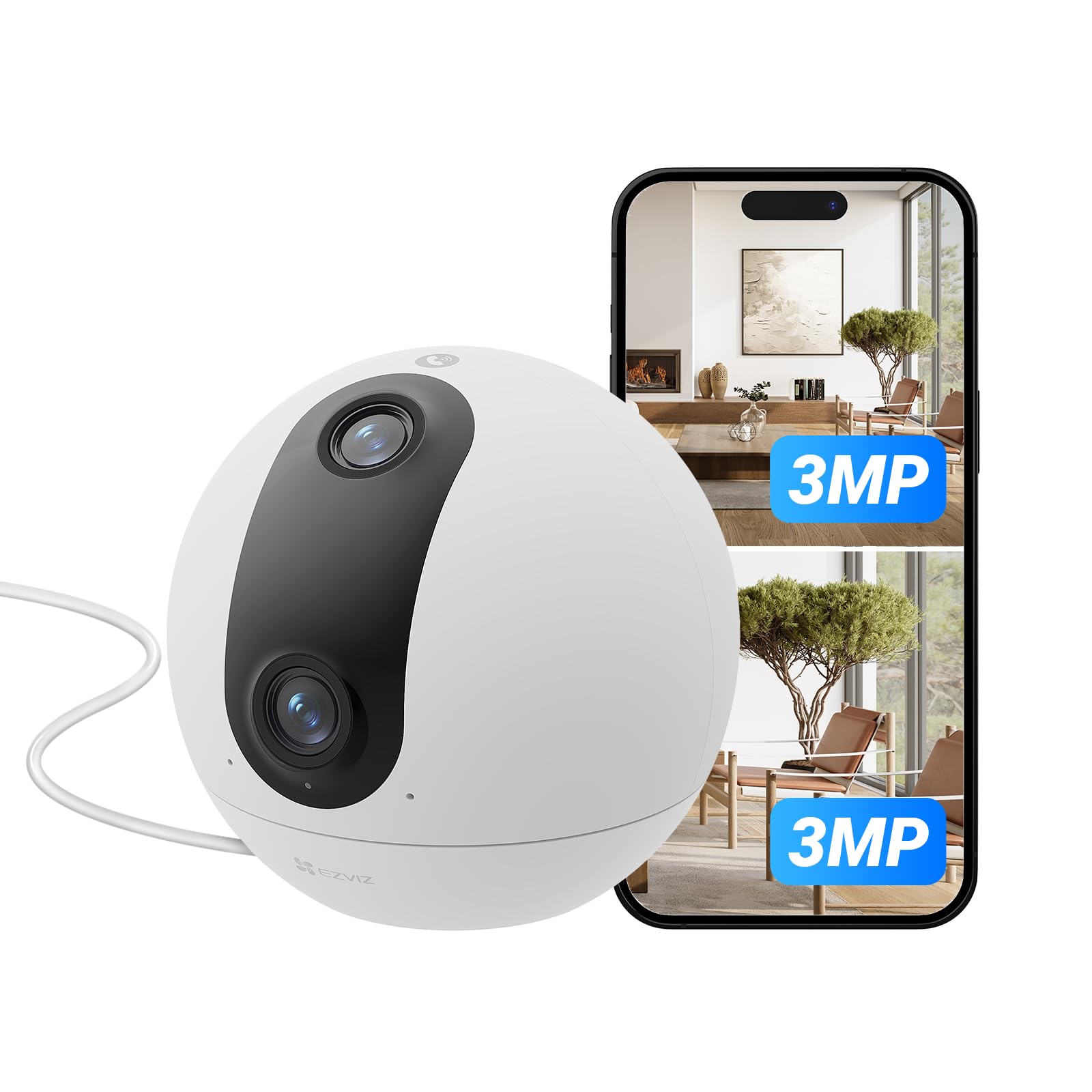 EZVIZ 6MP(2K+2K) Camara de Vigilancia Interior 360° Doble Lente,AI Detección Humanoa,Seguimiento Automatico,Llamada Bidireccional con Botón Táctil,WiFi 6 de Doble Banda 2,4/5 GHz, Soporta 512GB,C60P