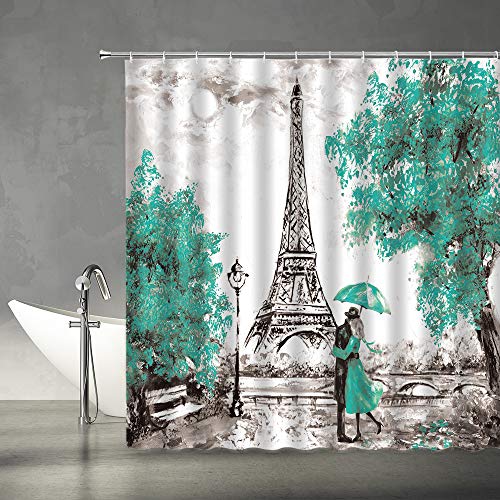 Paris Shower Curtain Oil Painting Paris Eiffel Tower European City Landscape Vintage Art Tree Modern Couple Teal Black White Bathroom Decor Quick Drying Polyester Fabric Set With Hooks,(70"Wx70"H) #TOP1