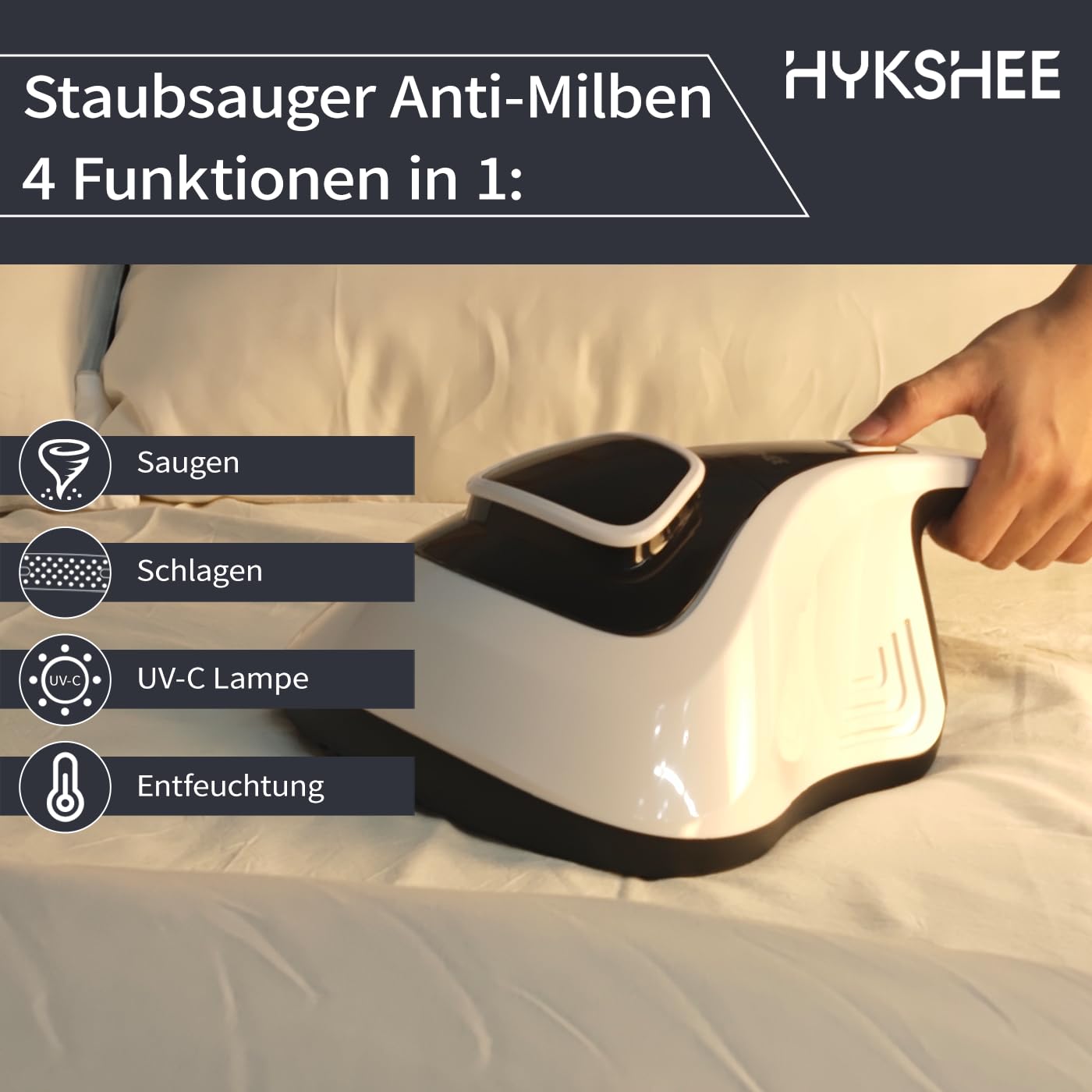 Milbensauger, Milbenstaubsauger, Sterilisiert Oberflächen mit UV-C Licht, Vernichtet bis zu 99,9% der Milben, ideal für Matratzen für Allergiker