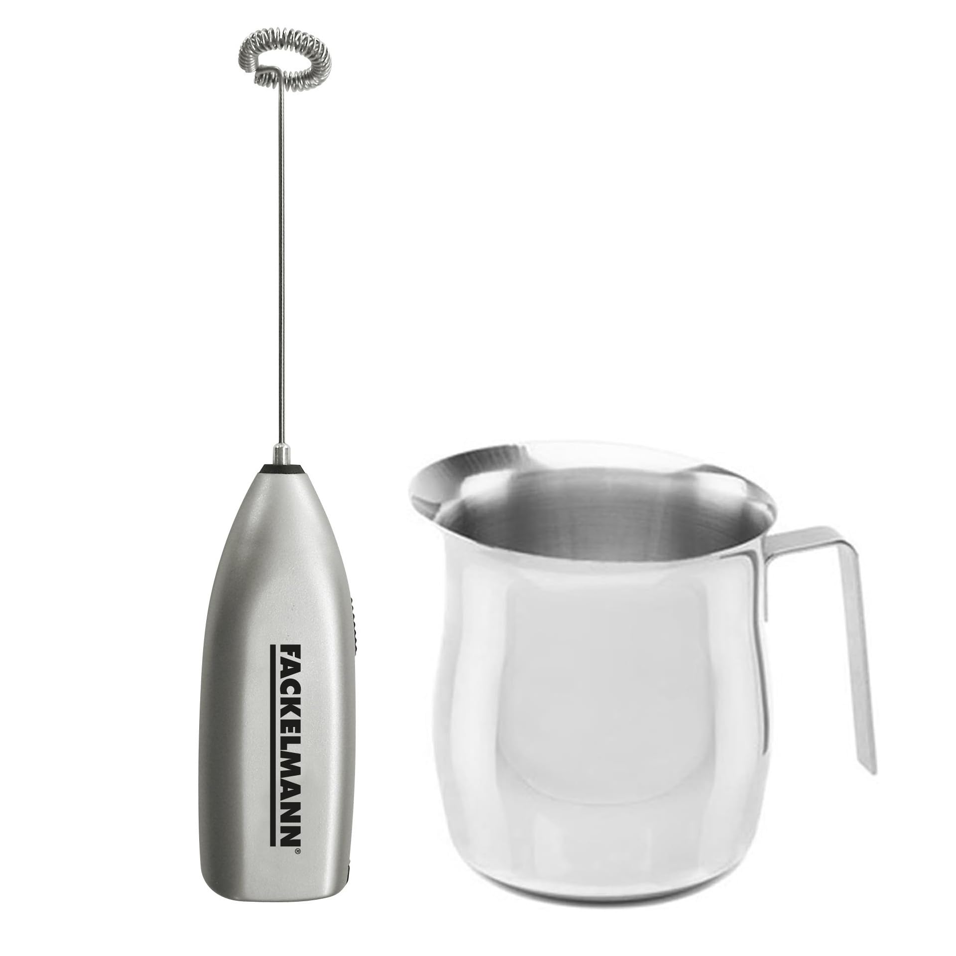 Fackelmann Set Montalatte Portatile e Bollilatte in Acciaio Inox 215ml, Frullino Montacappuccino a Batteria con Frusta Inox per Bevande e Latte Caldo, Versalatte Lavabile in Lavastoviglie