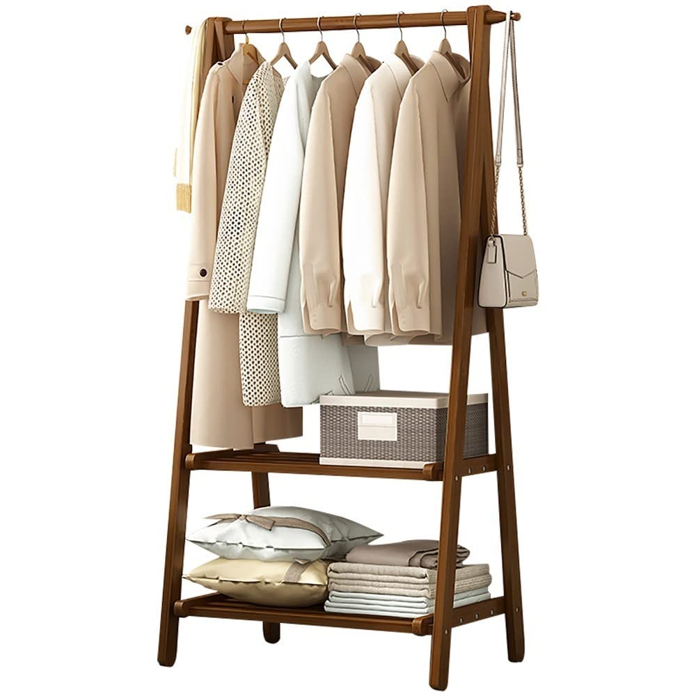 MYUYEE Wooden Clothes Rack, Freestanding Wooden Clothes Rack With Shelf/Hooks, Multifunctional Multi-Function Storage Rack, For Home Office Indoor, L: 66/86/116Cm(Brown-85Cm)
